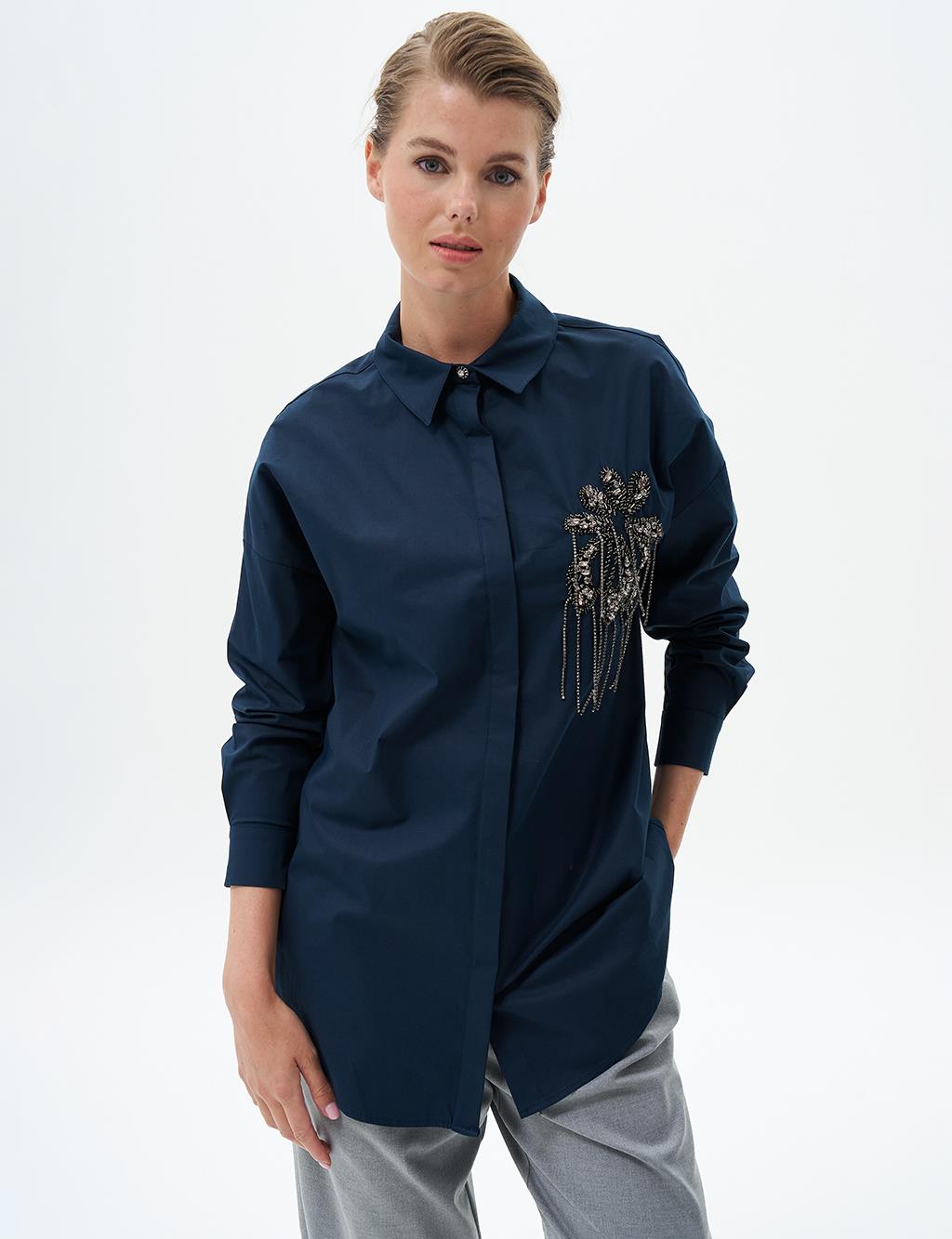 Stone Embroidered Poplin Tunic Dark Navy Blue