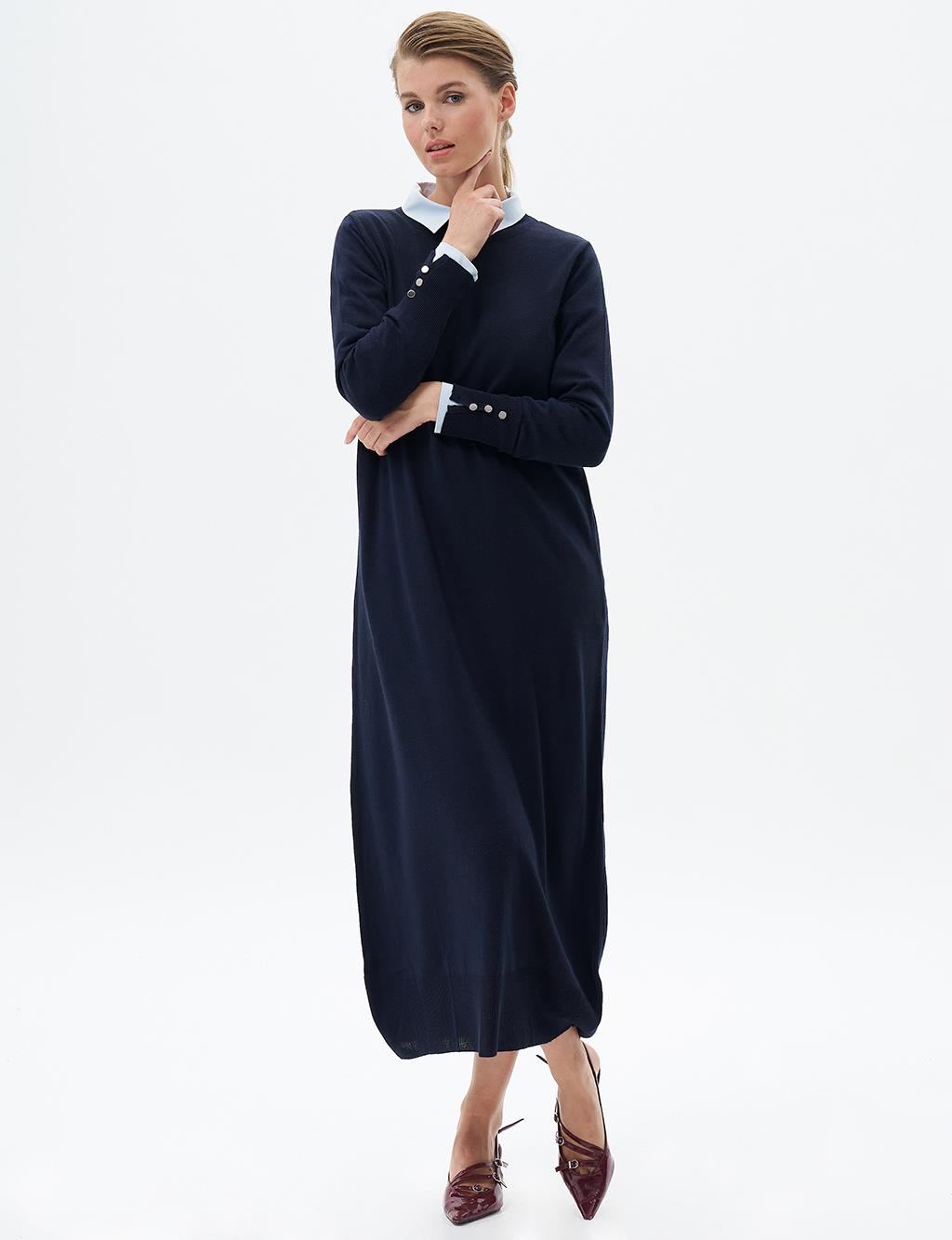 Half Turtleneck Knit Dress Navy Blue