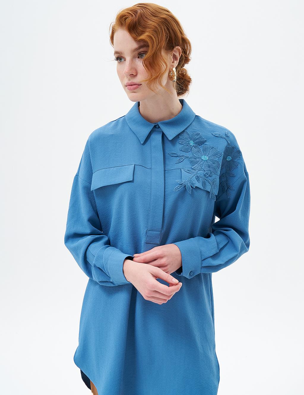 Flower Applique Shirt Collar Tunic Crown Blue