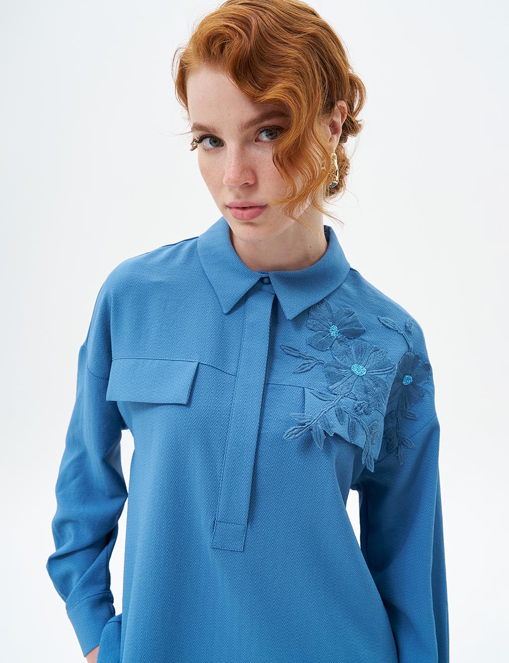 Flower Applique Shirt Collar Tunic Crown Blue