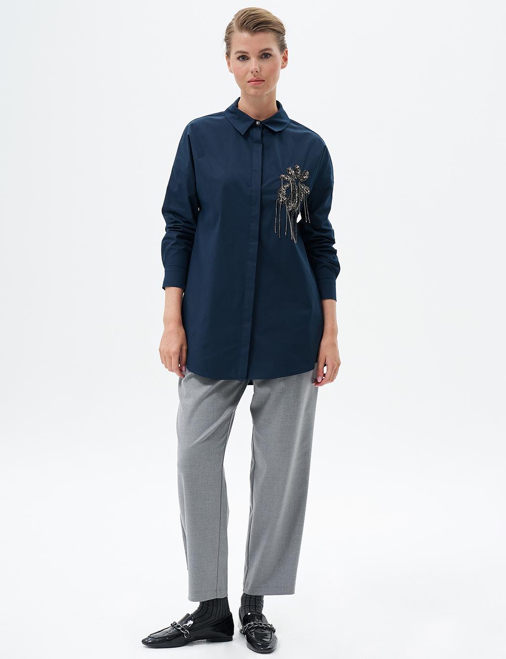 Stone Embroidered Poplin Tunic Dark Navy Blue