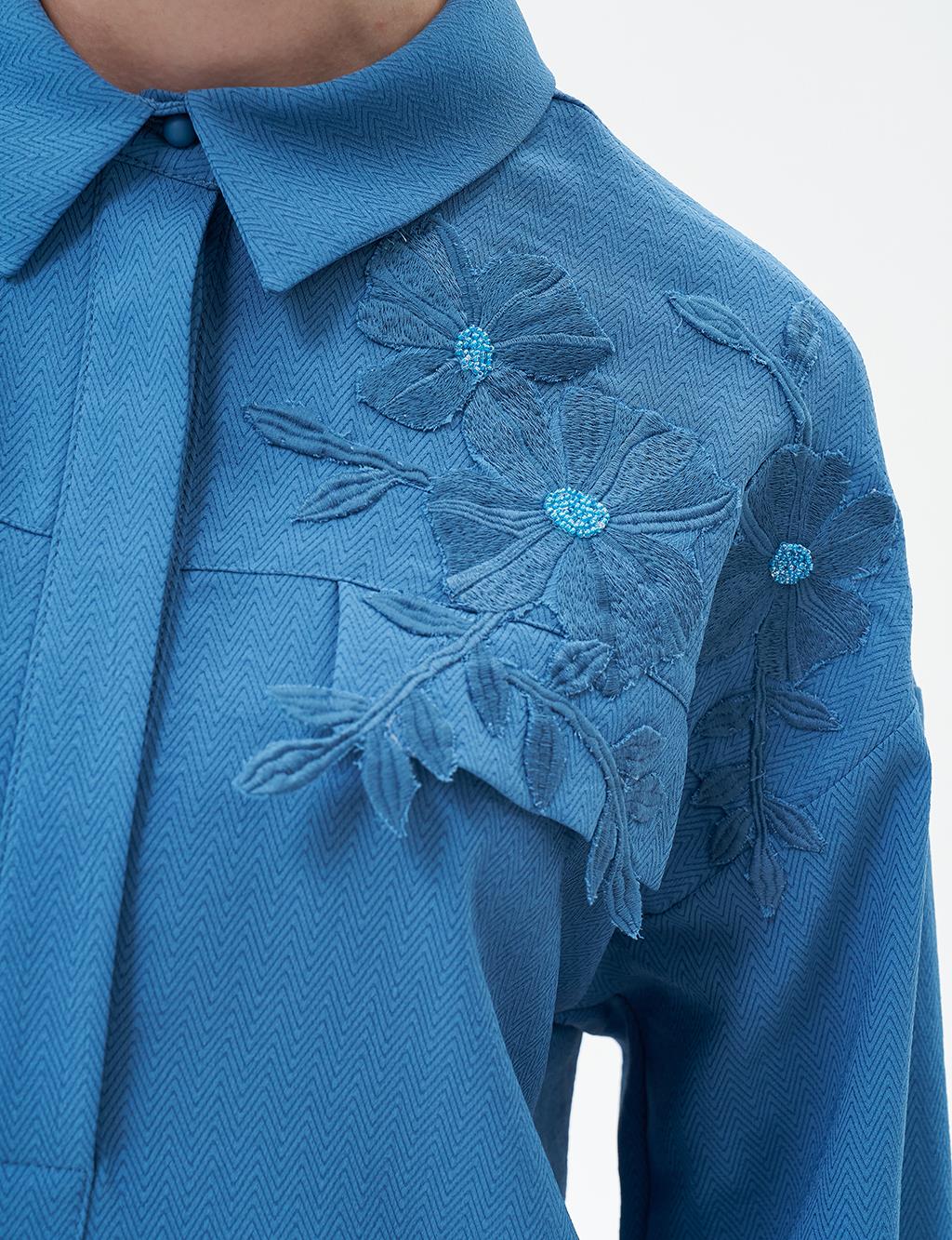 Flower Applique Shirt Collar Tunic Crown Blue