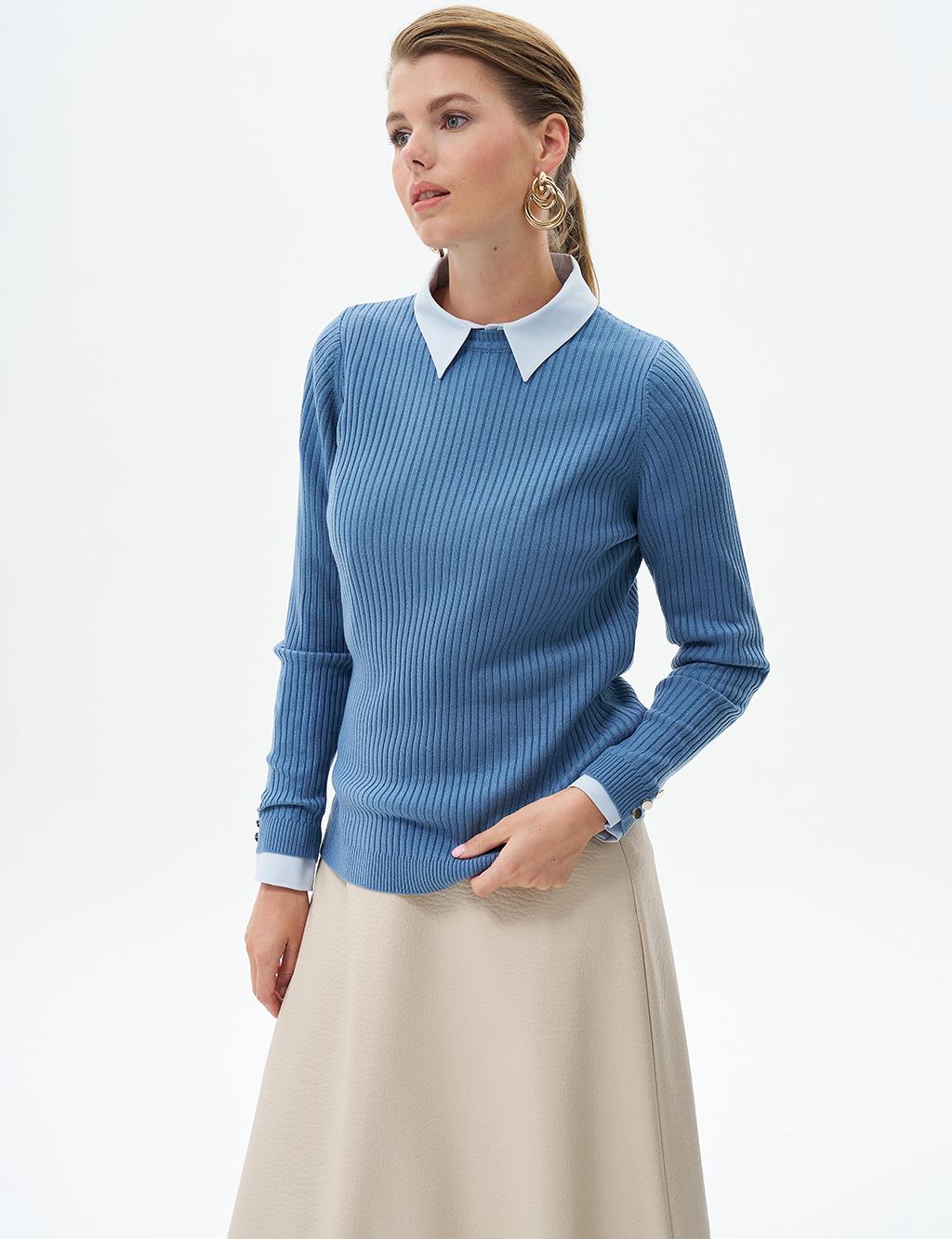 Zero Collar Ribbed Knitted Blouse Crown Blue