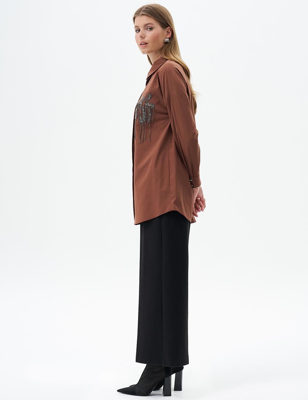 Stone Embroidered Poplin Tunic Dark Coffee