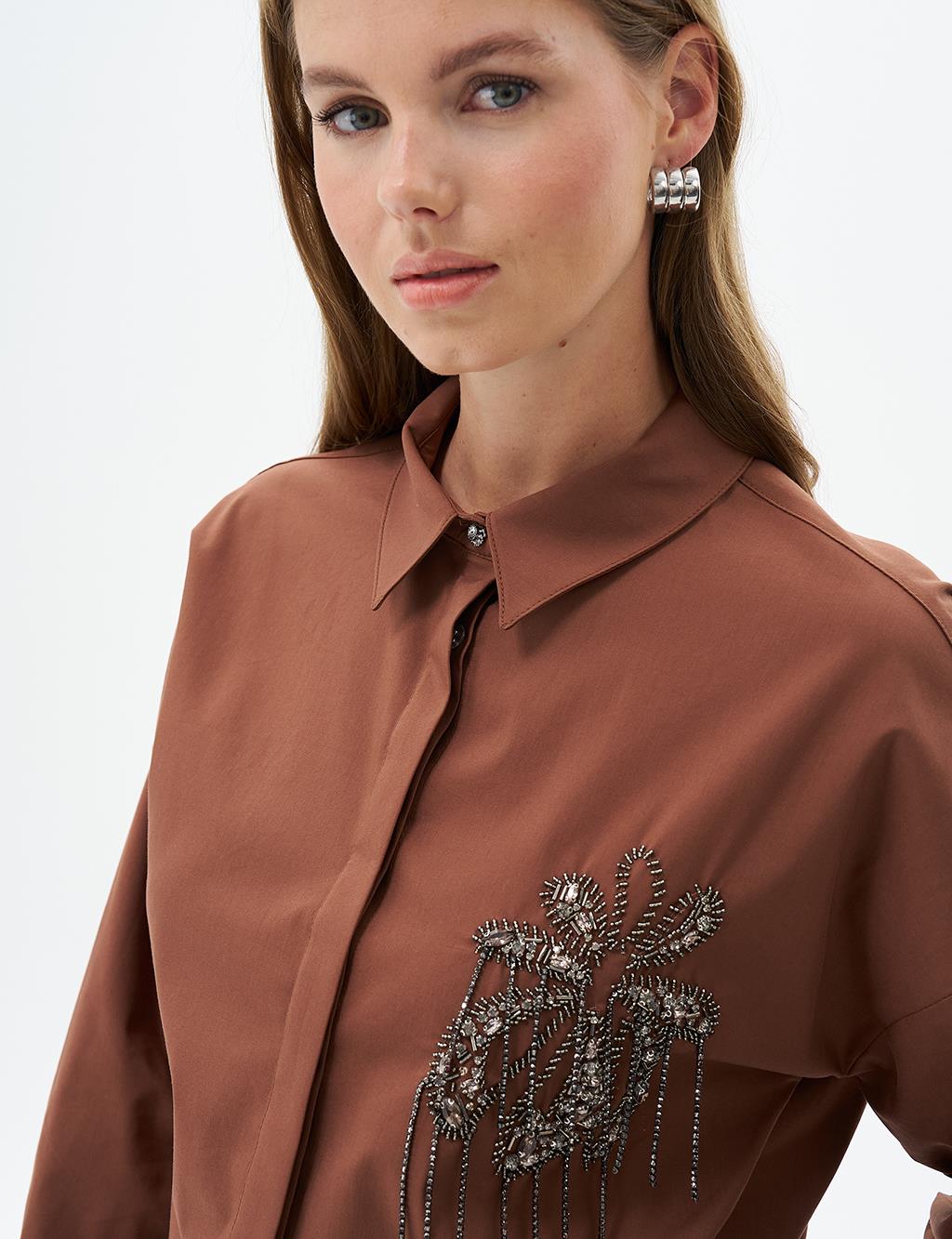 Stone Embroidered Poplin Tunic Dark Coffee