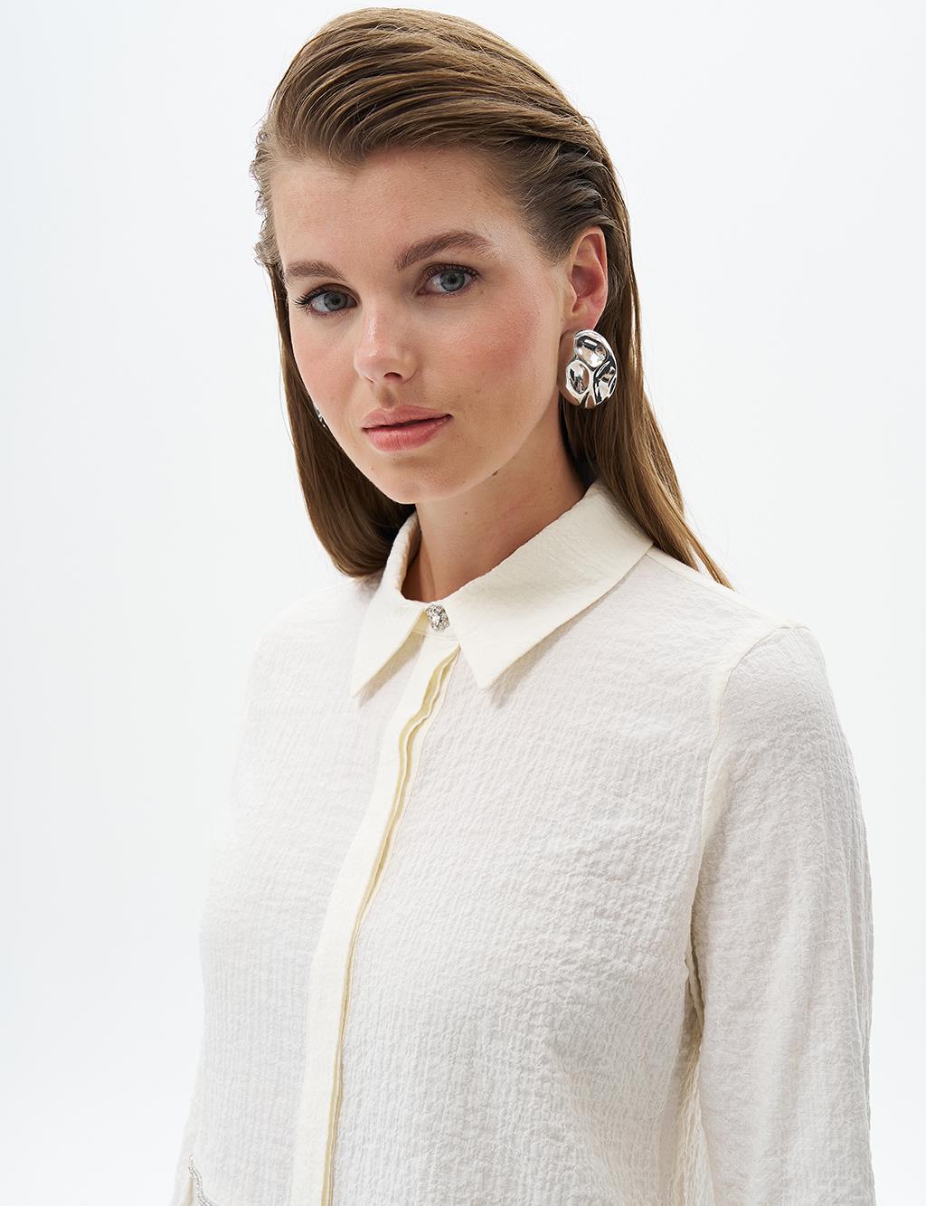 Stone Detailed Embossed Blouse Ecru