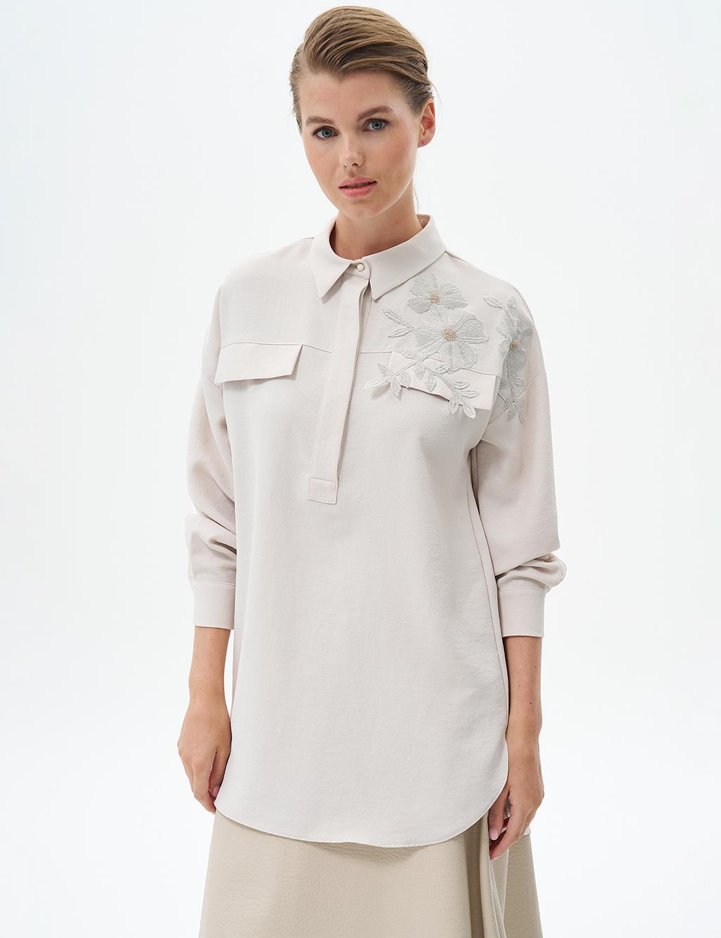 Flower Applique Shirt Collar Tunic Cream