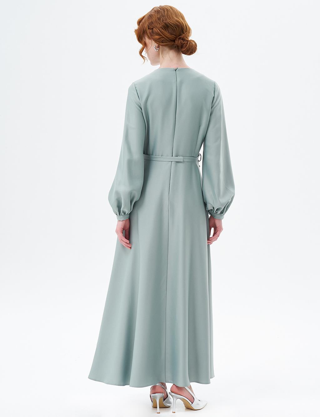 Flower Appliqued Satin Dress Sage Tea