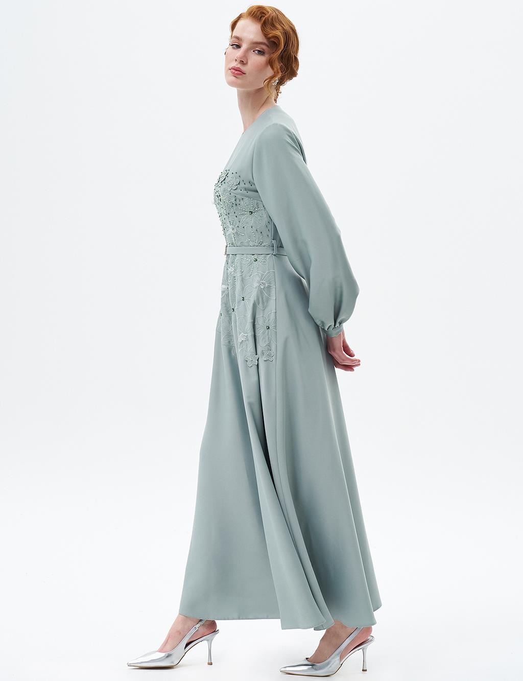 Flower Appliqued Satin Dress Sage Tea