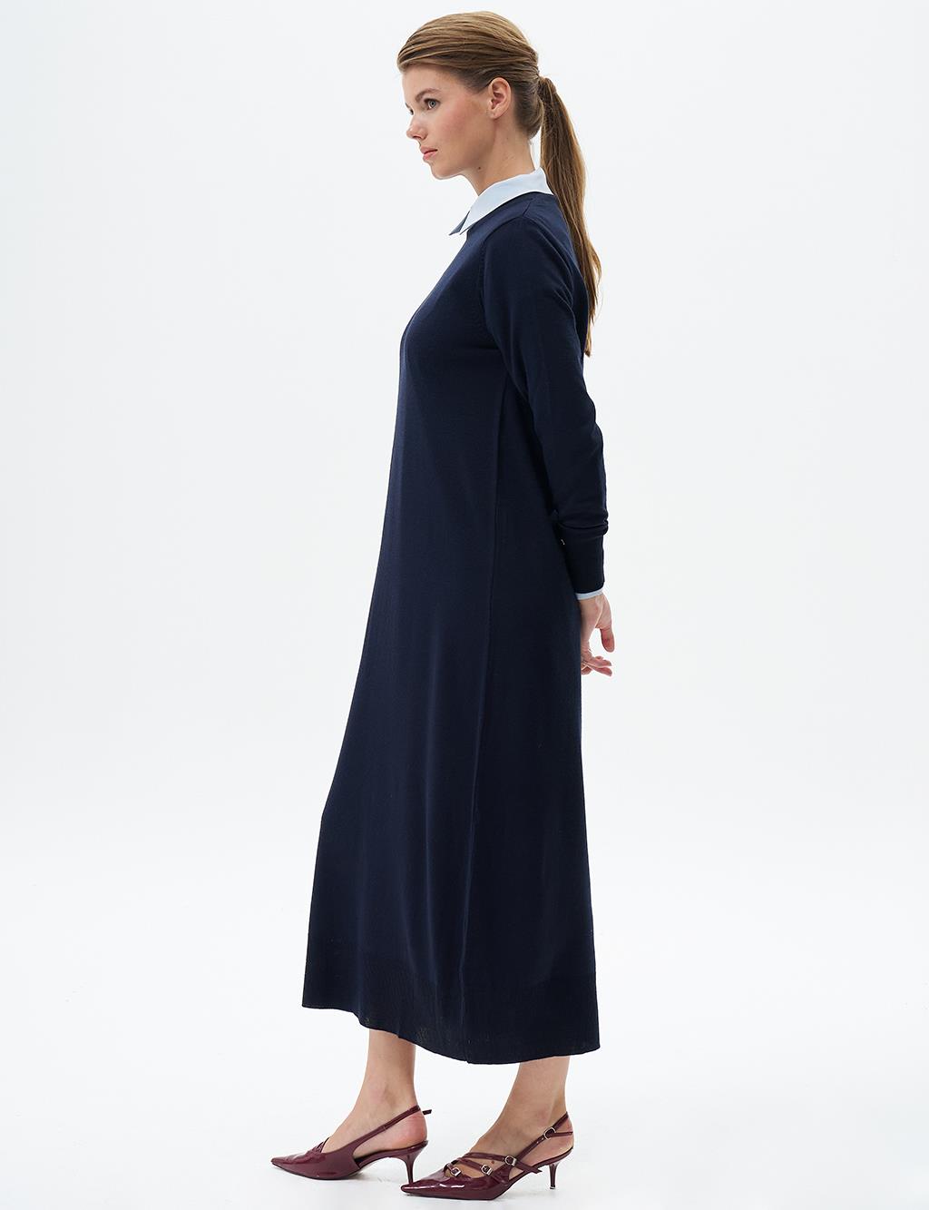 Half Turtleneck Knit Dress Navy Blue