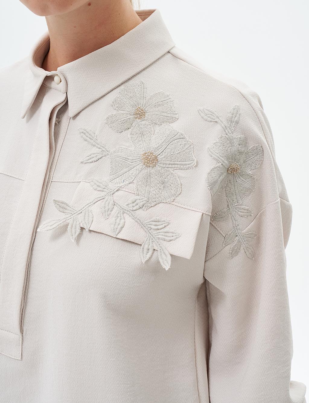 Flower Applique Shirt Collar Tunic Cream