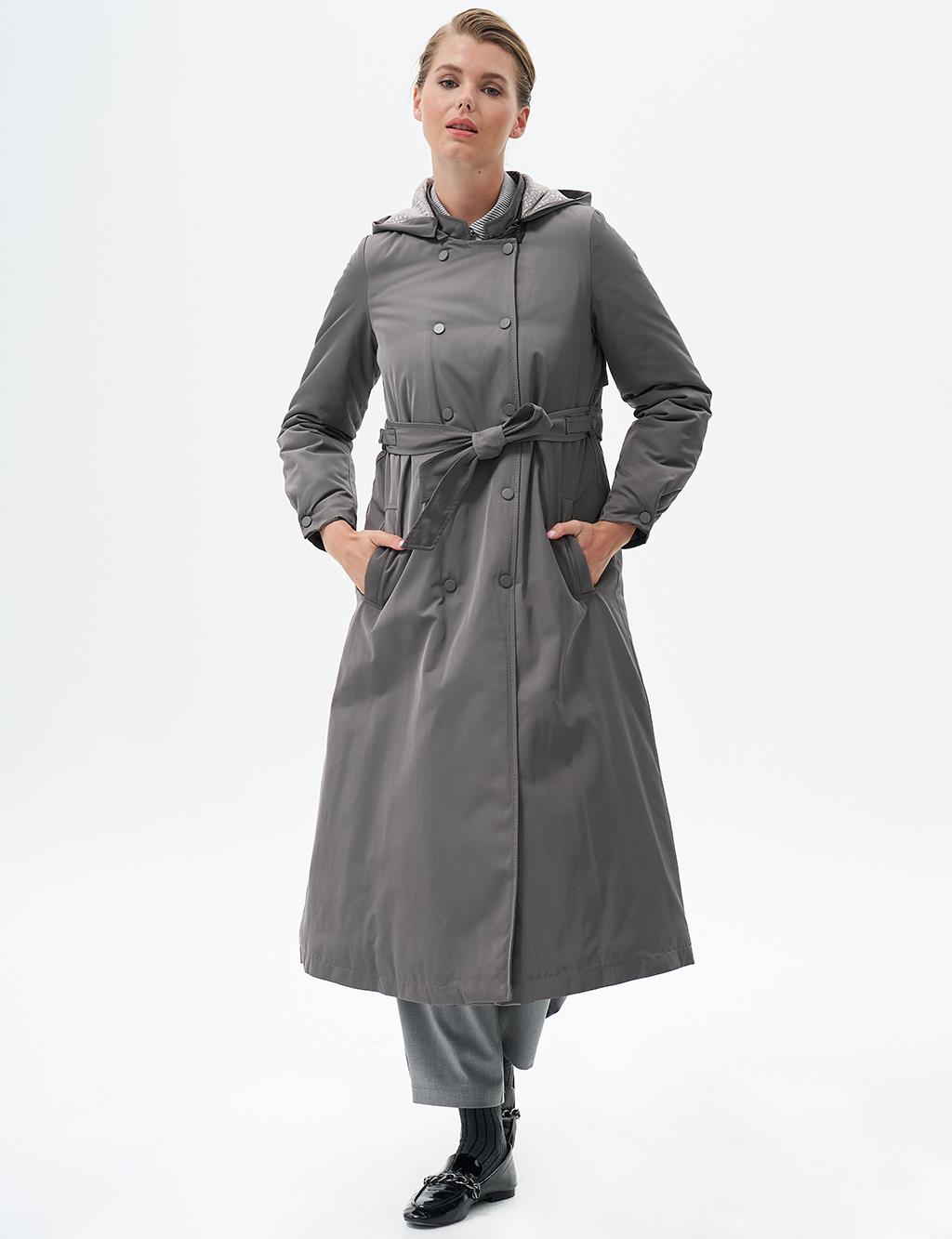 Waist Adjustable Hood Detailed Coat Smoke