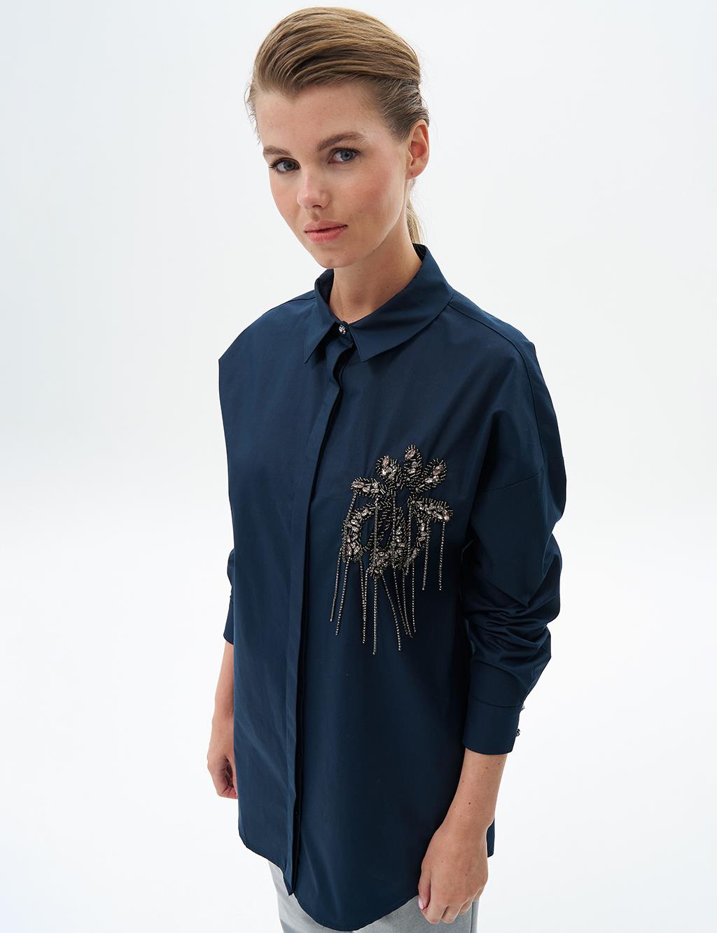 Stone Embroidered Poplin Tunic Dark Navy Blue