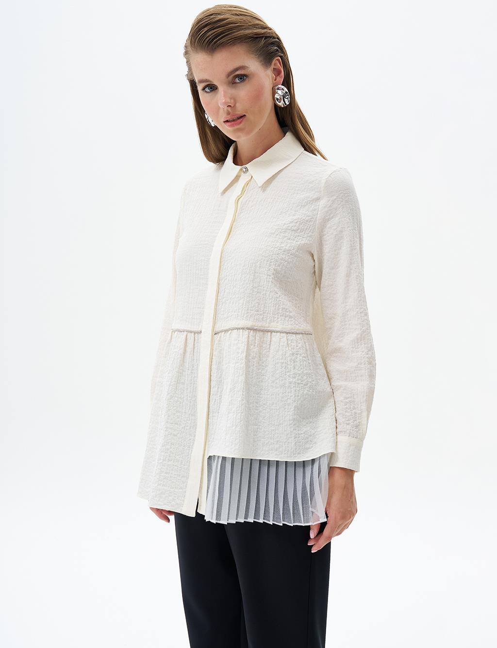 Stone Detailed Embossed Blouse Ecru