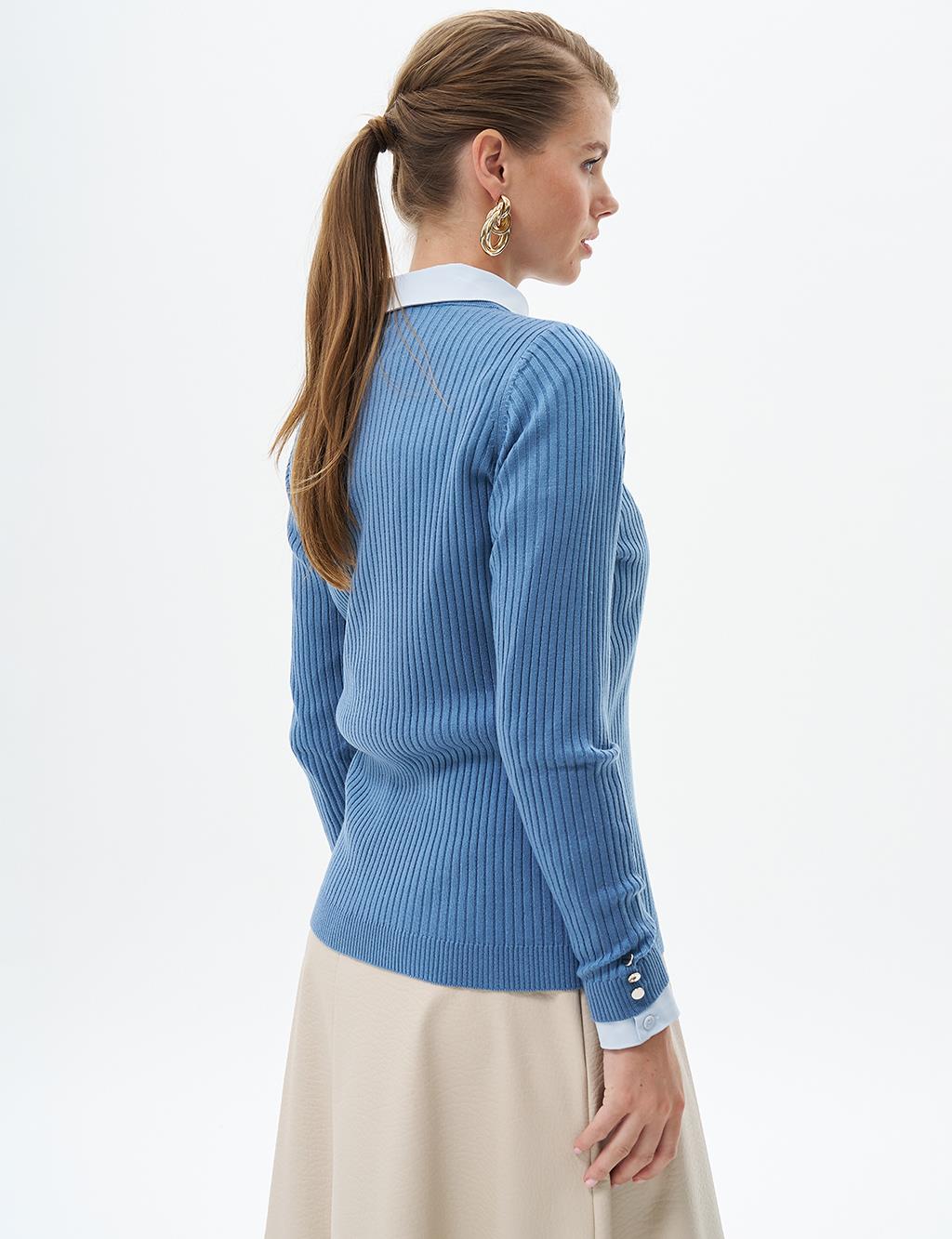 Zero Collar Ribbed Knitted Blouse Crown Blue