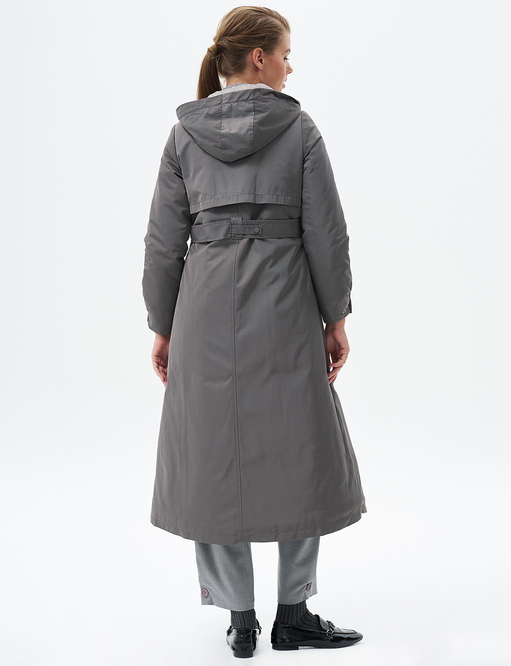 Waist Adjustable Hood Detailed Coat Smoke