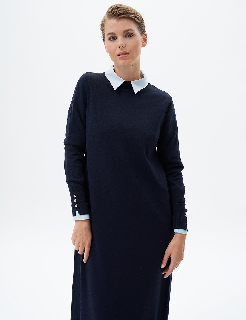 Half Turtleneck Knit Dress Navy Blue