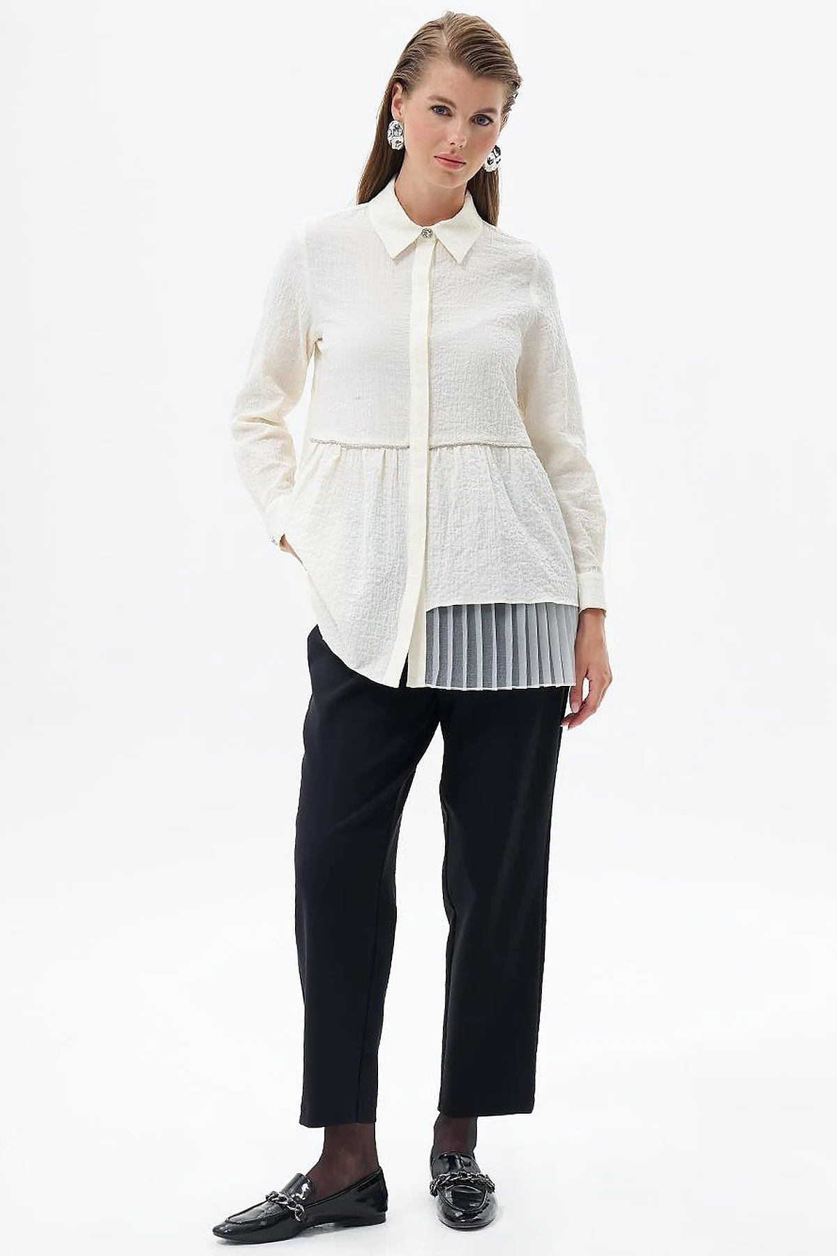 Stone Detailed Embossed Blouse Ecru