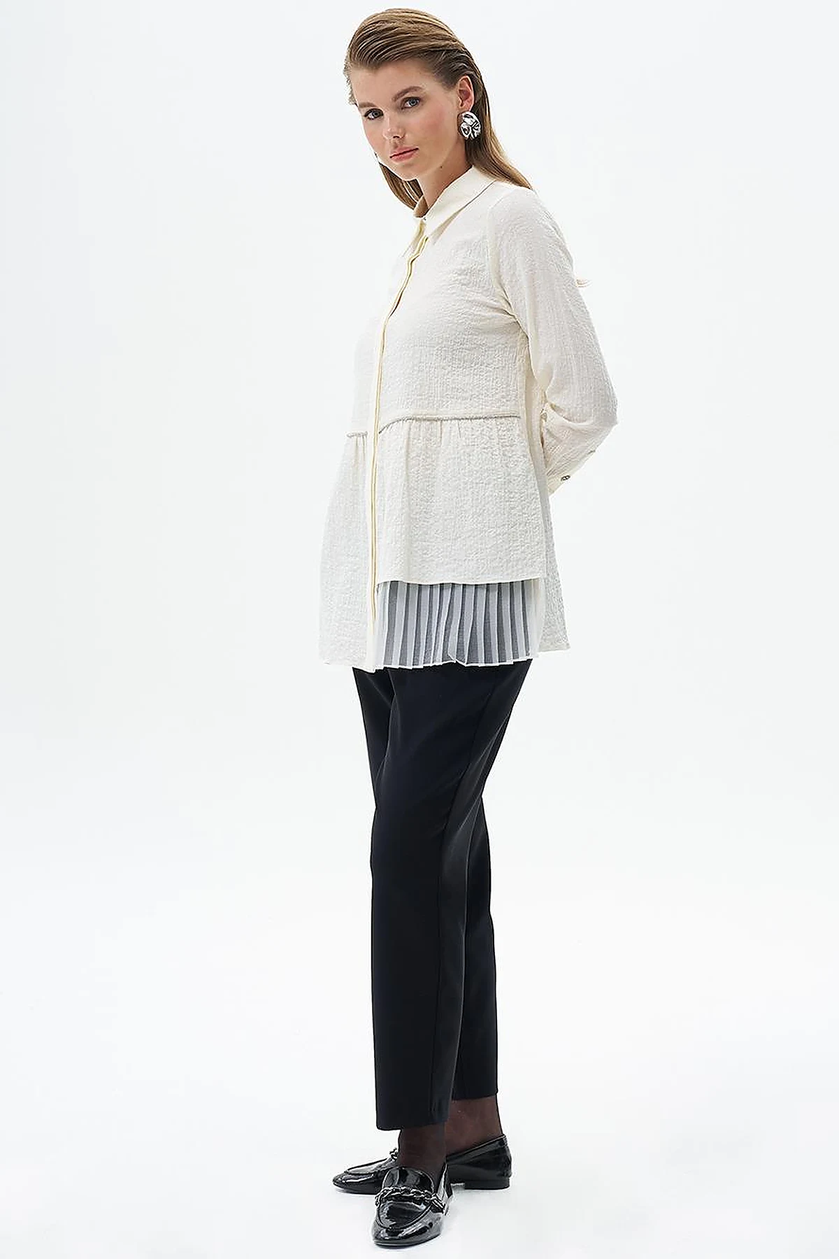 Stone Detailed Embossed Blouse Ecru
