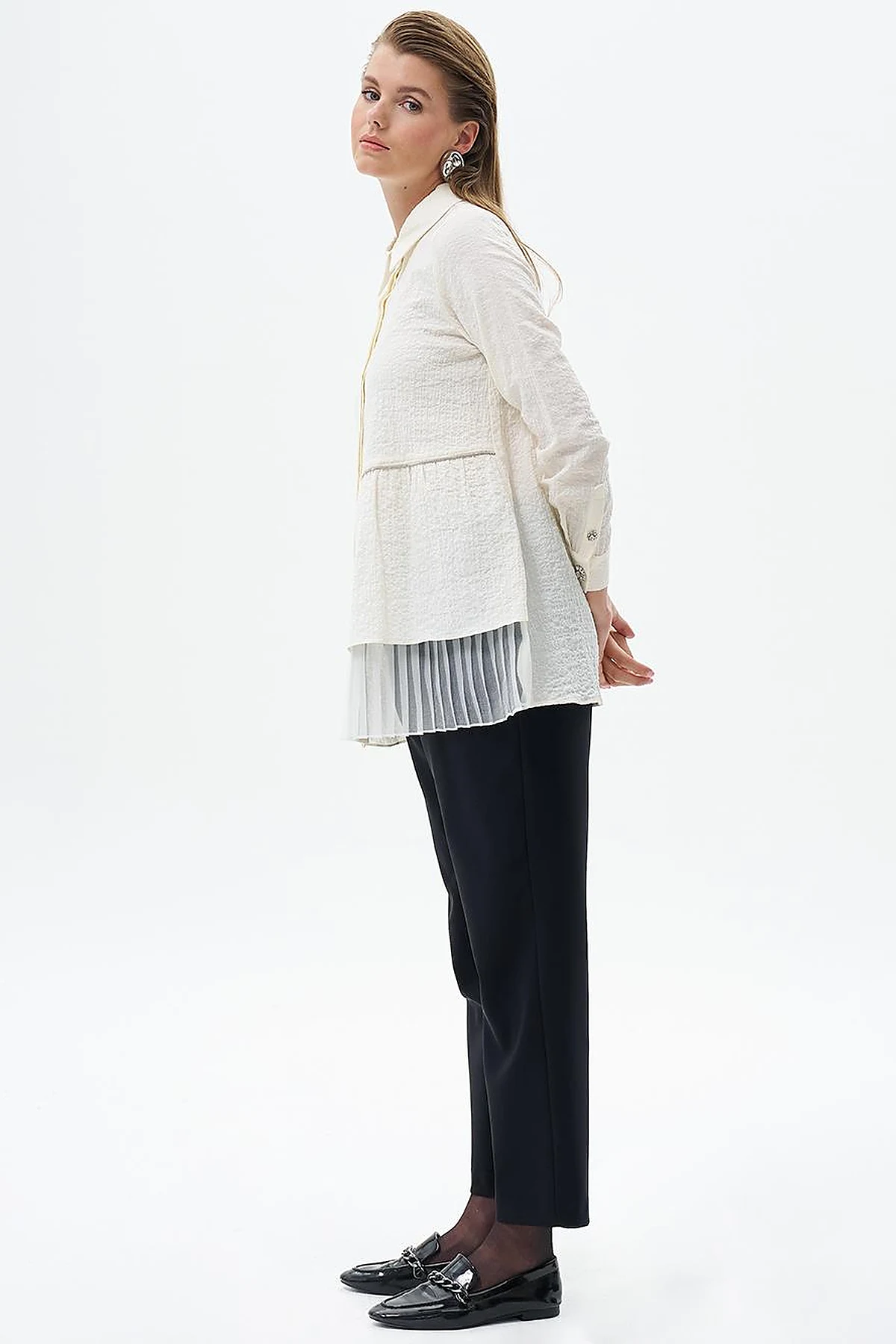 Stone Detailed Embossed Blouse Ecru