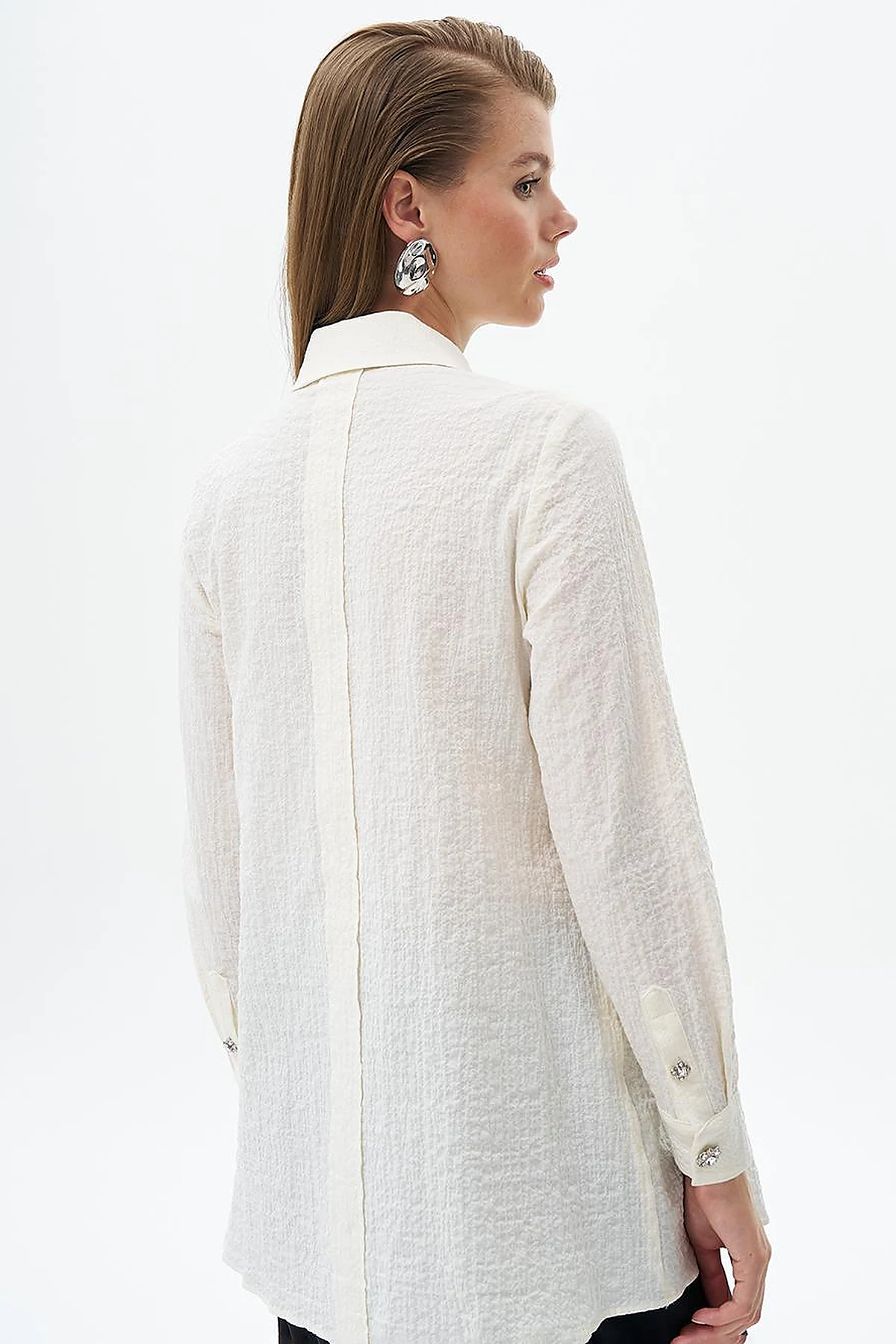 Stone Detailed Embossed Blouse Ecru