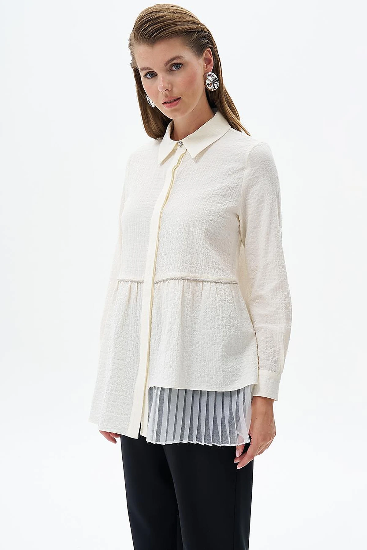 Stone Detailed Embossed Blouse Ecru