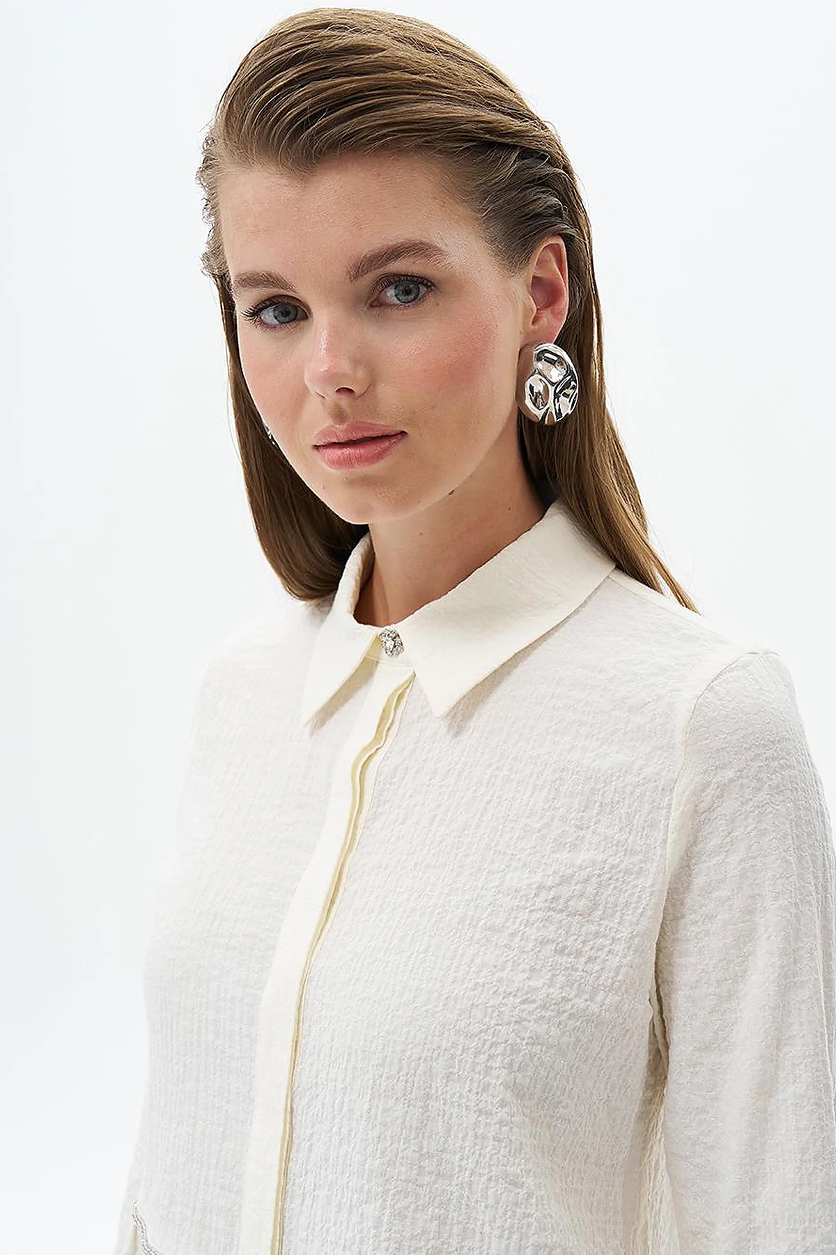 Stone Detailed Embossed Blouse Ecru