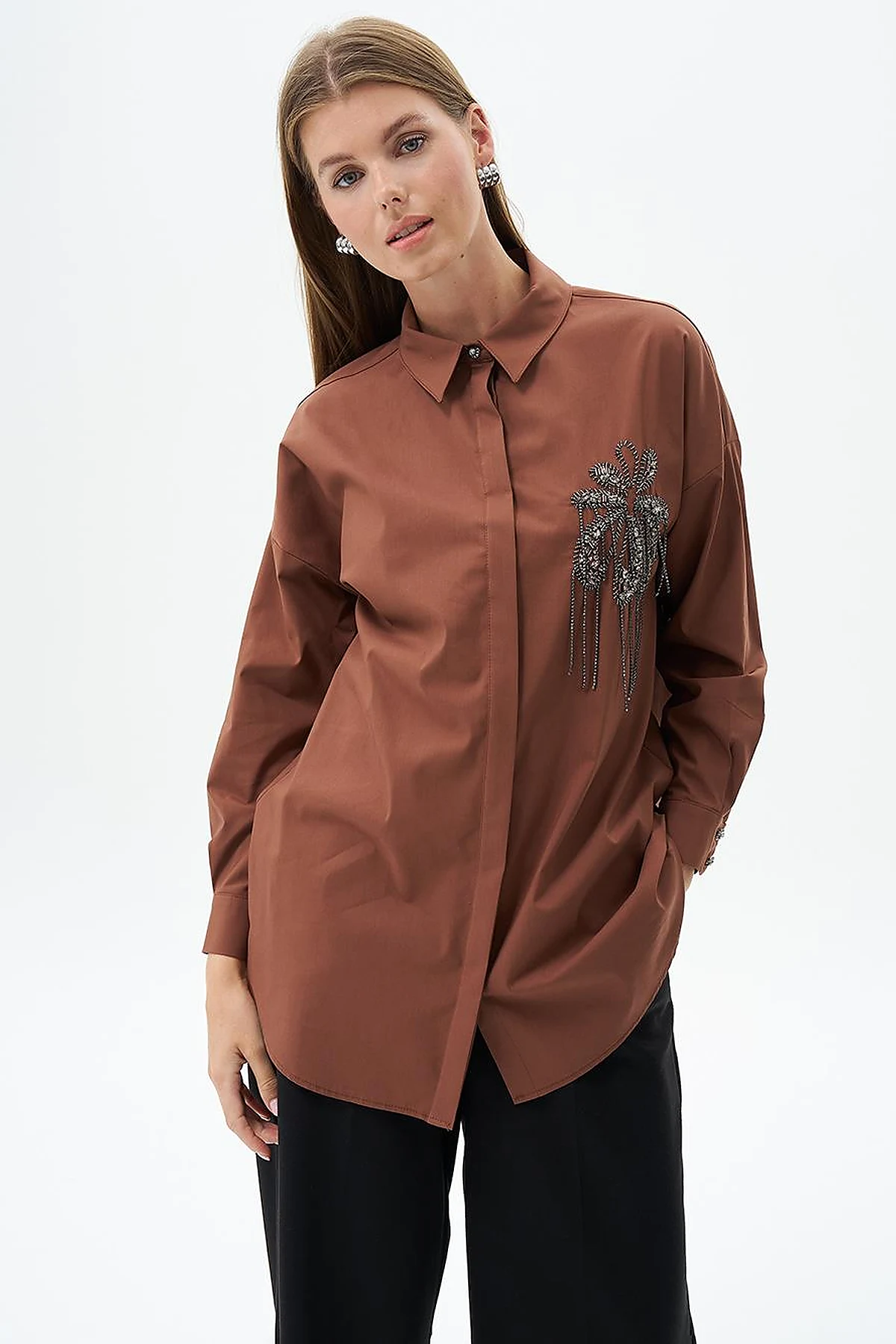 Taş İşlemeli Poplin Tunik Koyu Kahve