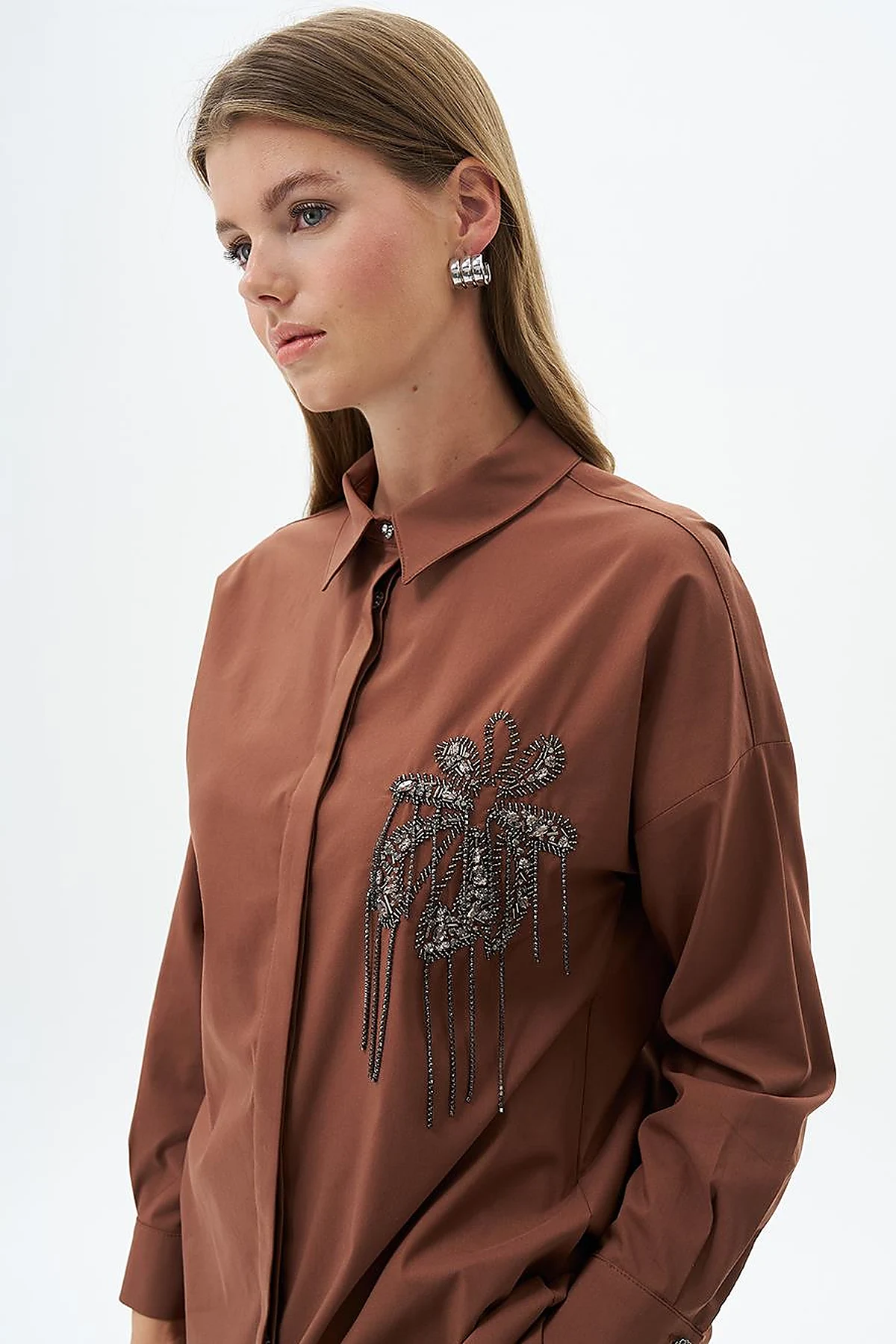 Taş İşlemeli Poplin Tunik Koyu Kahve