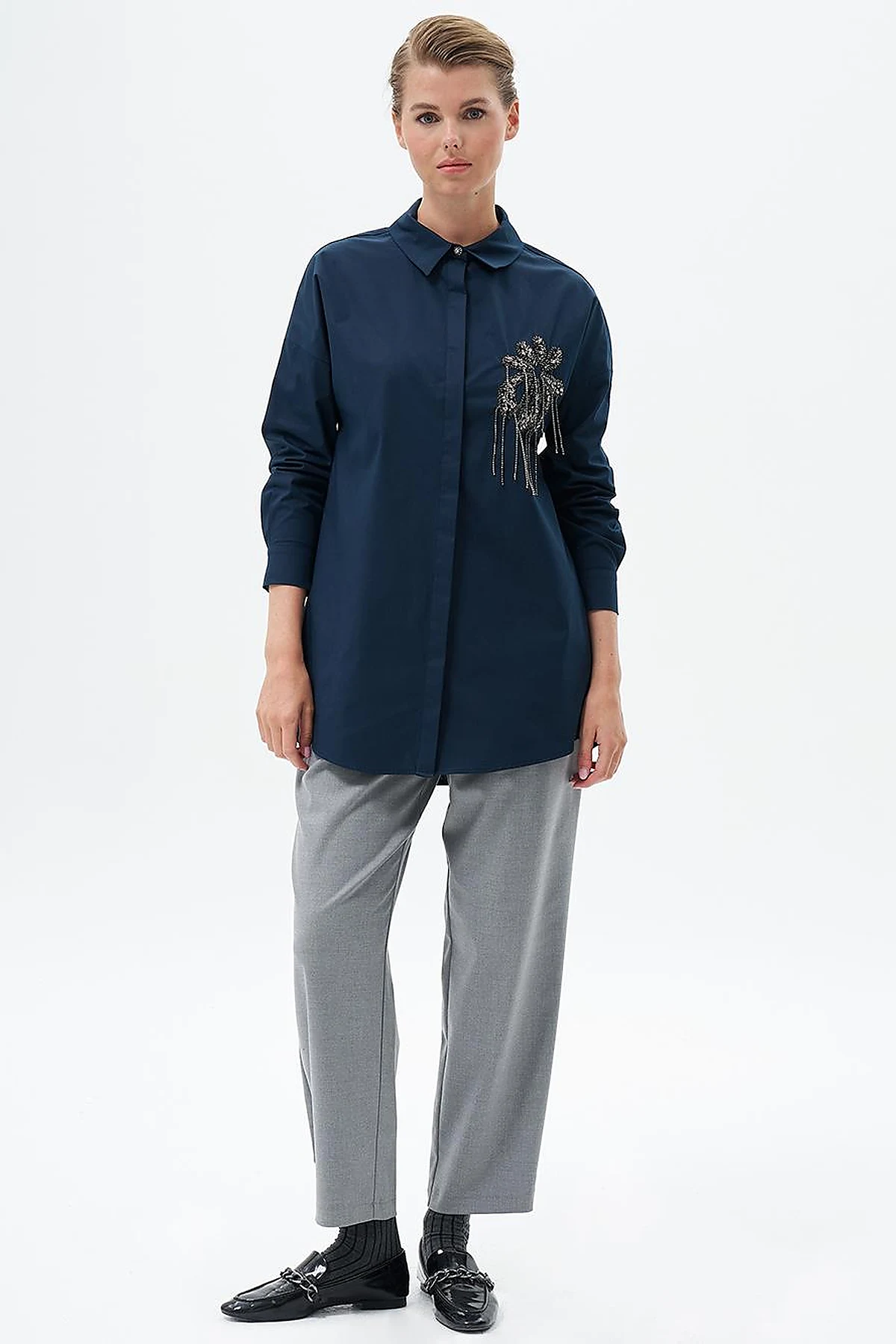 Stone Embroidered Cotton Tunic Dark Navy Blue