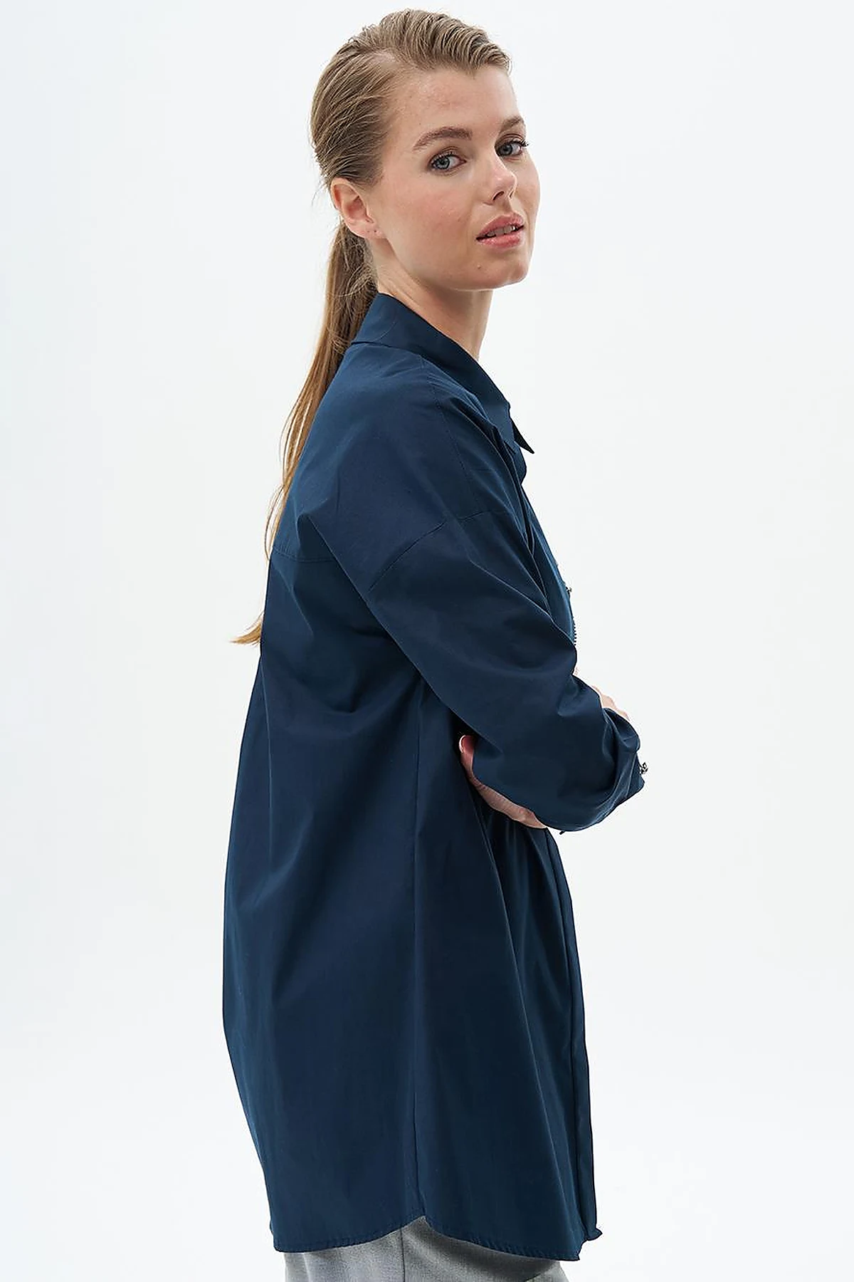 Stone Embroidered Cotton Tunic Dark Navy Blue