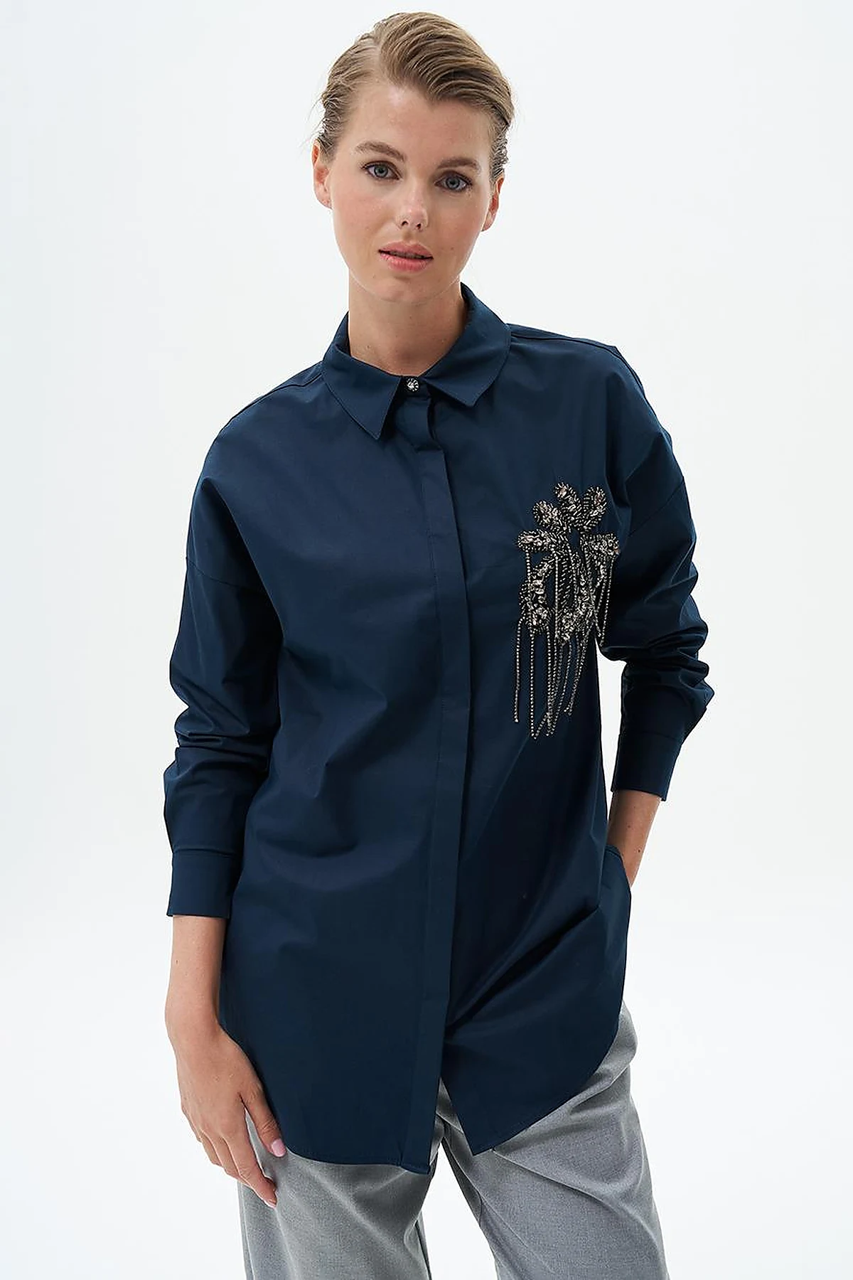 Stone Embroidered Cotton Tunic Dark Navy Blue