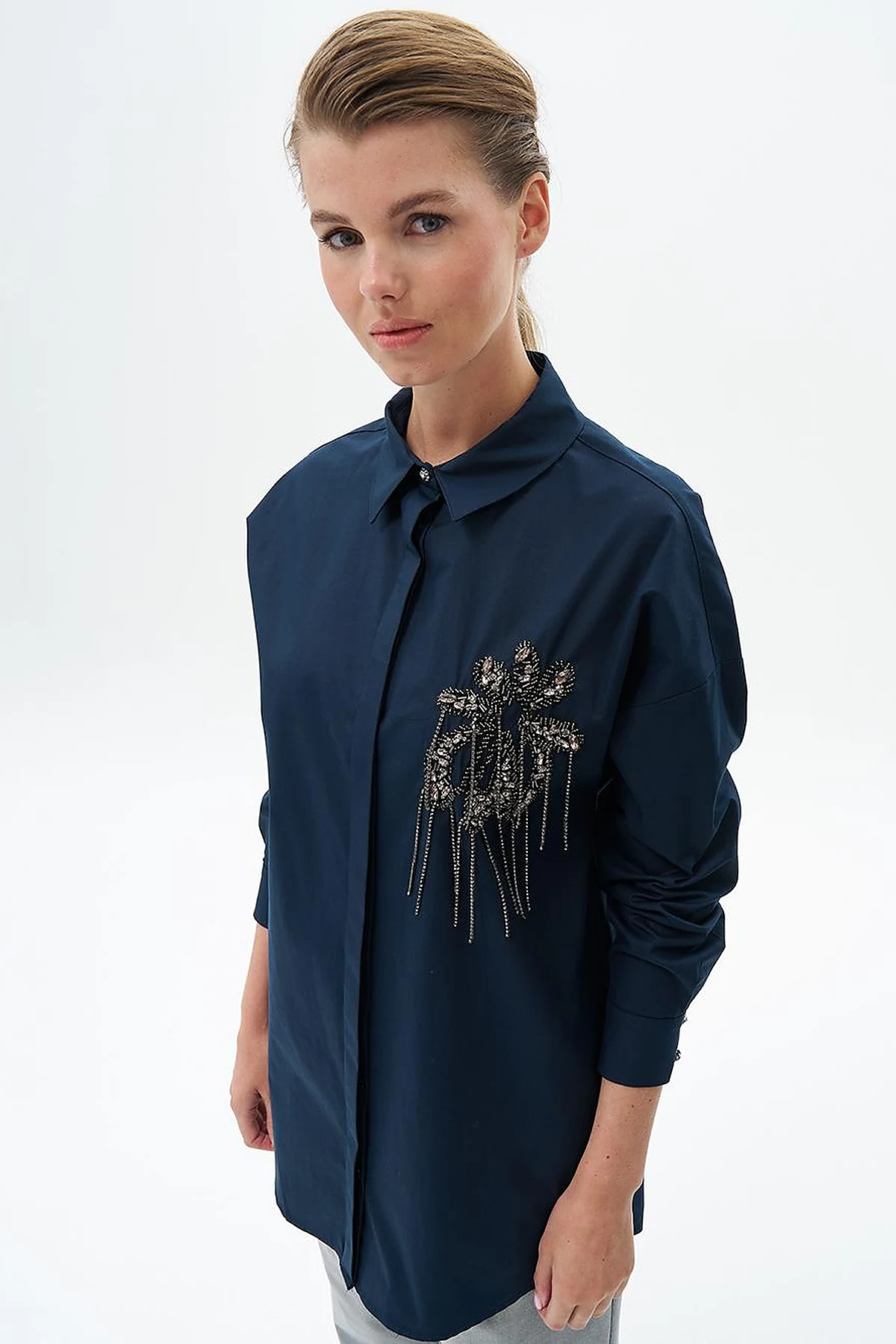 Stone Embroidered Cotton Tunic Dark Navy Blue