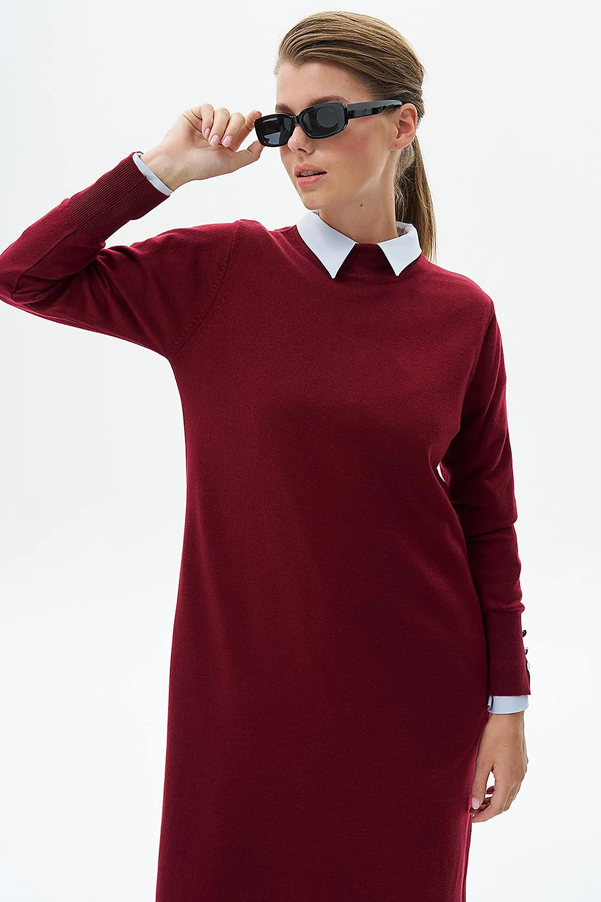 Half Turtleneck Knitted Dress Burgundy