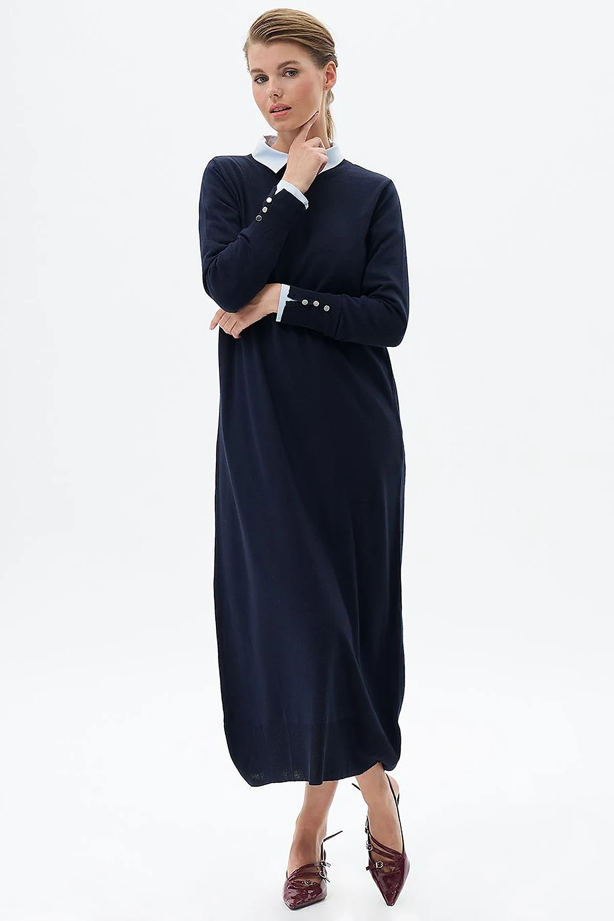 Half Turtleneck Knit Dress Navy Blue