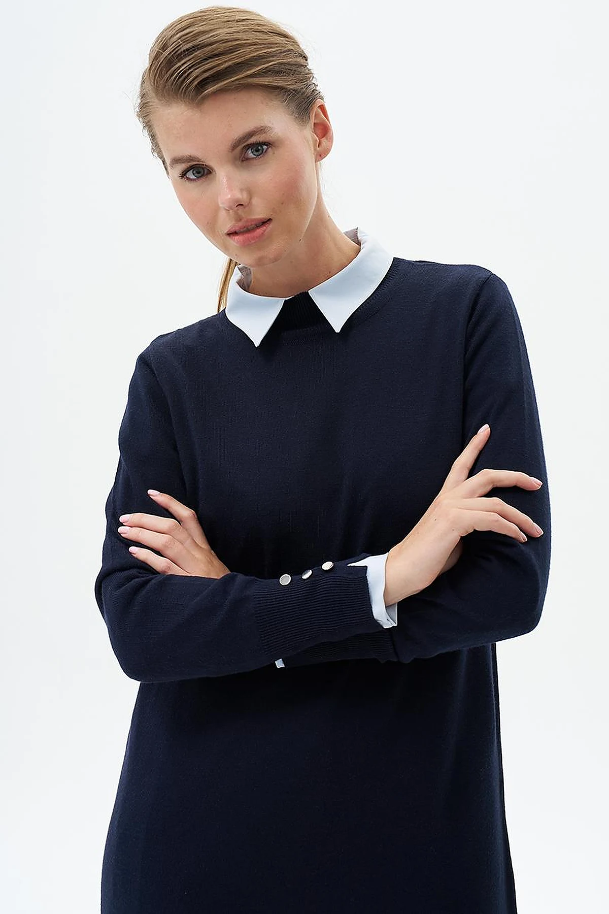 Half Turtleneck Knit Dress Navy Blue