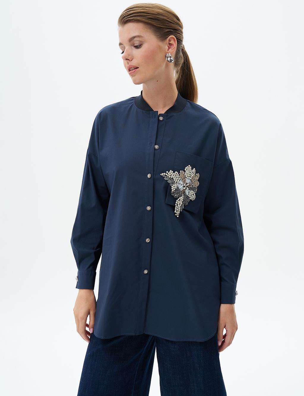 Stone Embroidered Poplin Tunic Dark Navy Blue