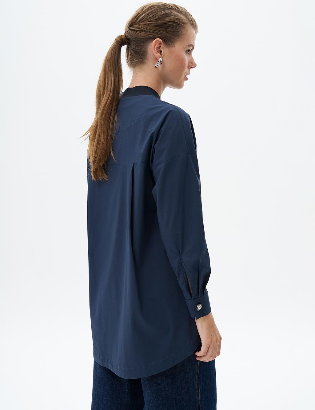 Stone Embroidered Poplin Tunic Dark Navy Blue