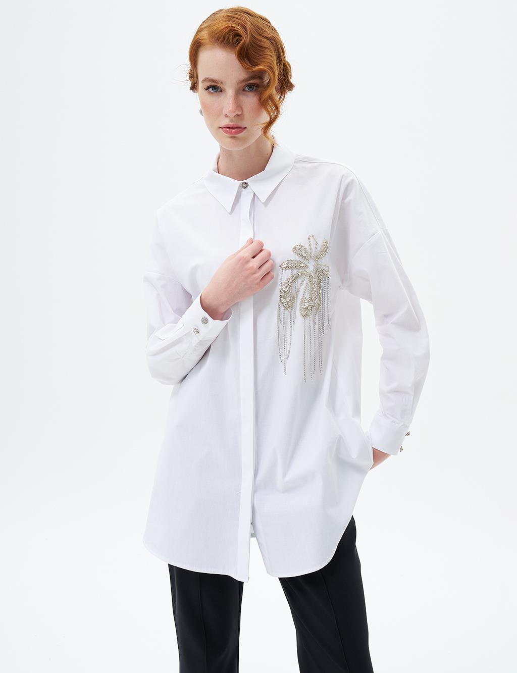 Stone Embroidered Poplin Tunic Optic White