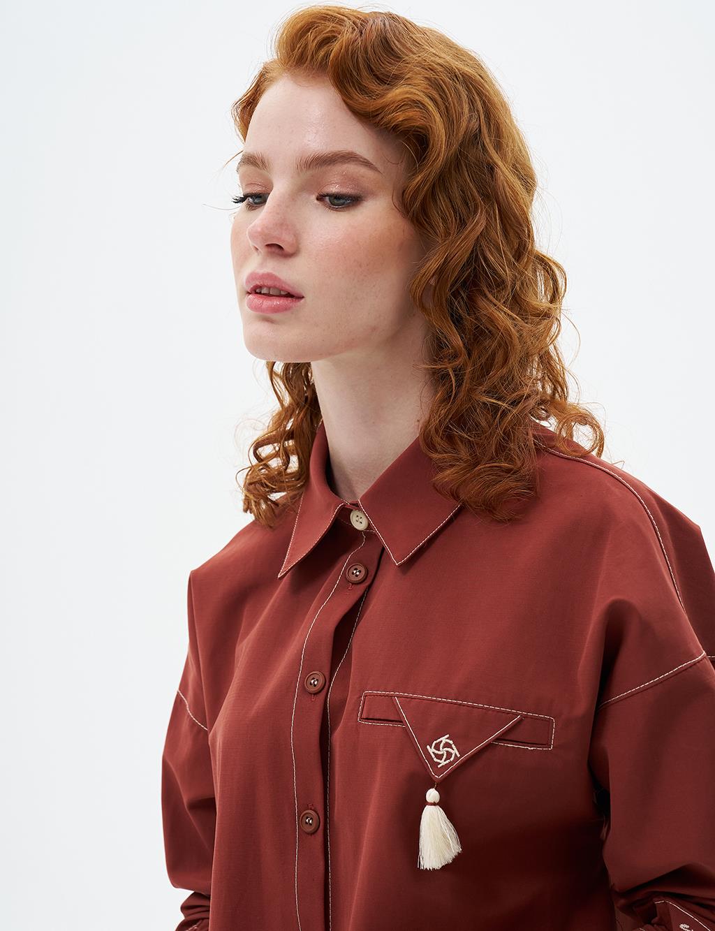 Shirt Collar Tunic with Slogan Detail on Wrists Brick Red