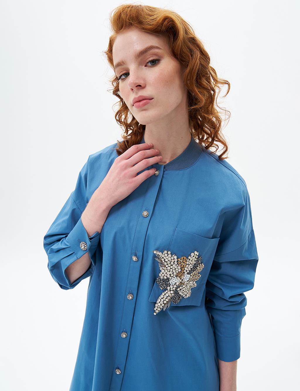 Stone Embroidered Poplin Tunic Crown Blue