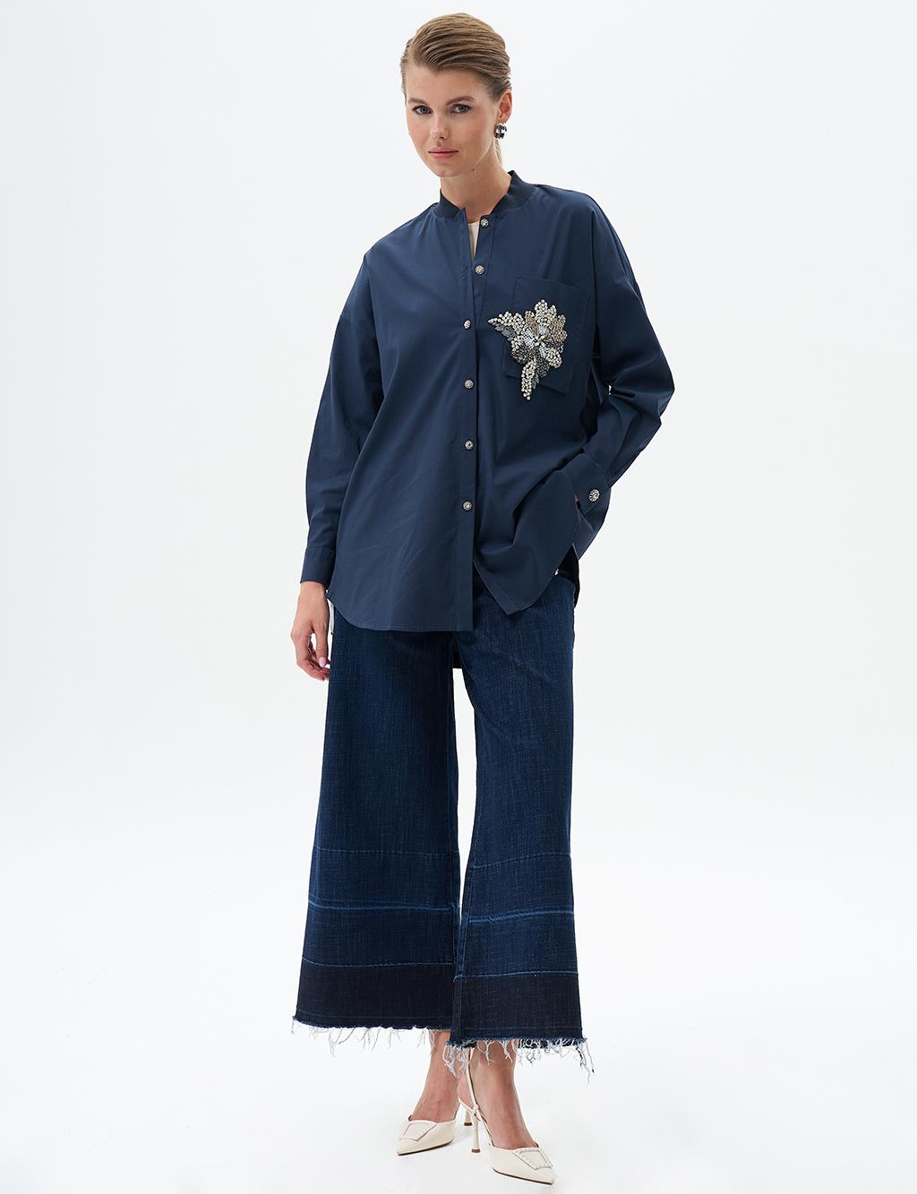 Stone Embroidered Poplin Tunic Dark Navy Blue