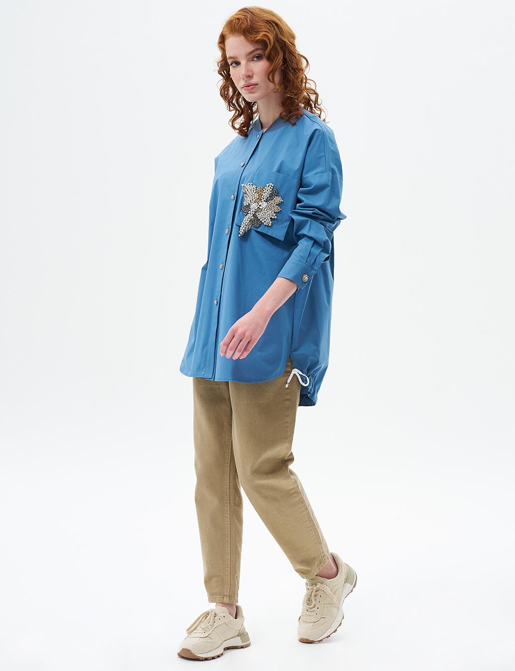 Stone Embroidered Poplin Tunic Crown Blue