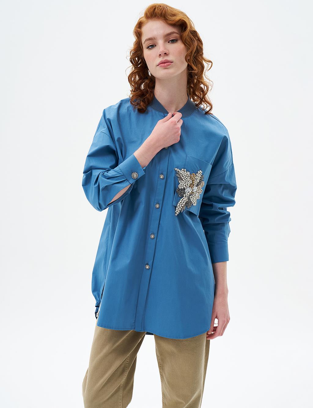 Stone Embroidered Poplin Tunic Crown Blue