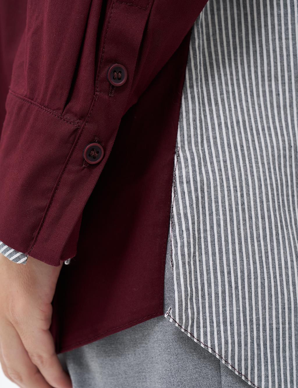 Wide Cuffed Stripe Patterned Poplin Tunic Burgundy