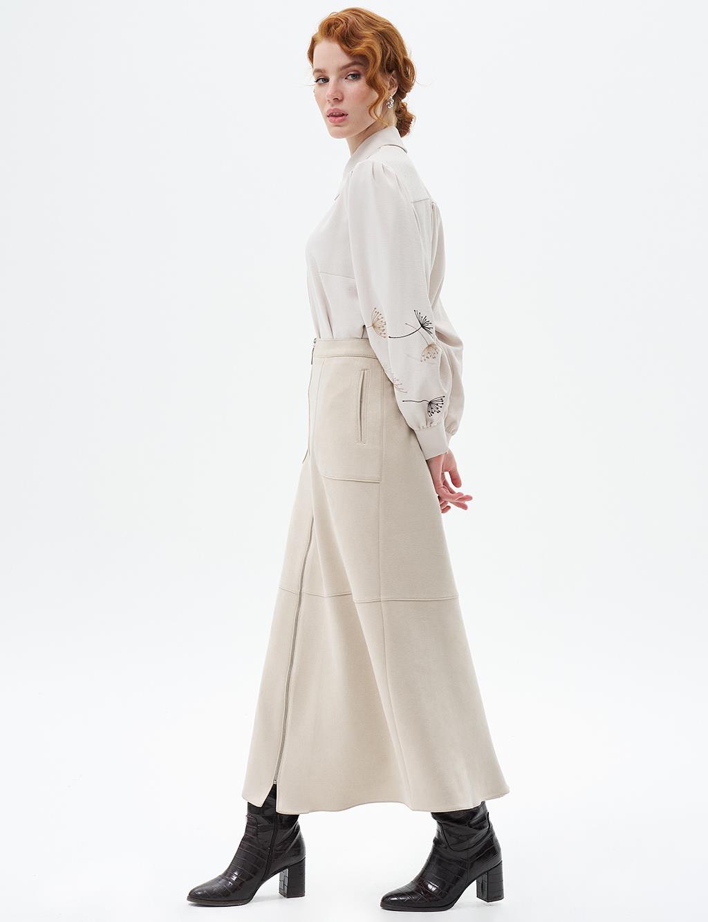 Seam Detailed Suede Skirt Stone