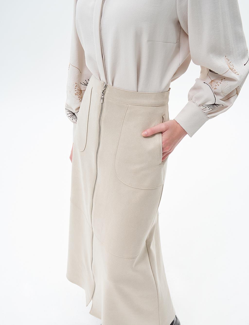 Seam Detailed Suede Skirt Stone