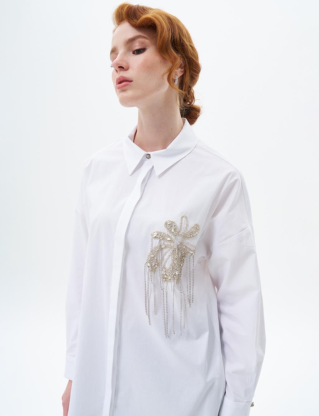 Stone Embroidered Poplin Tunic Optic White