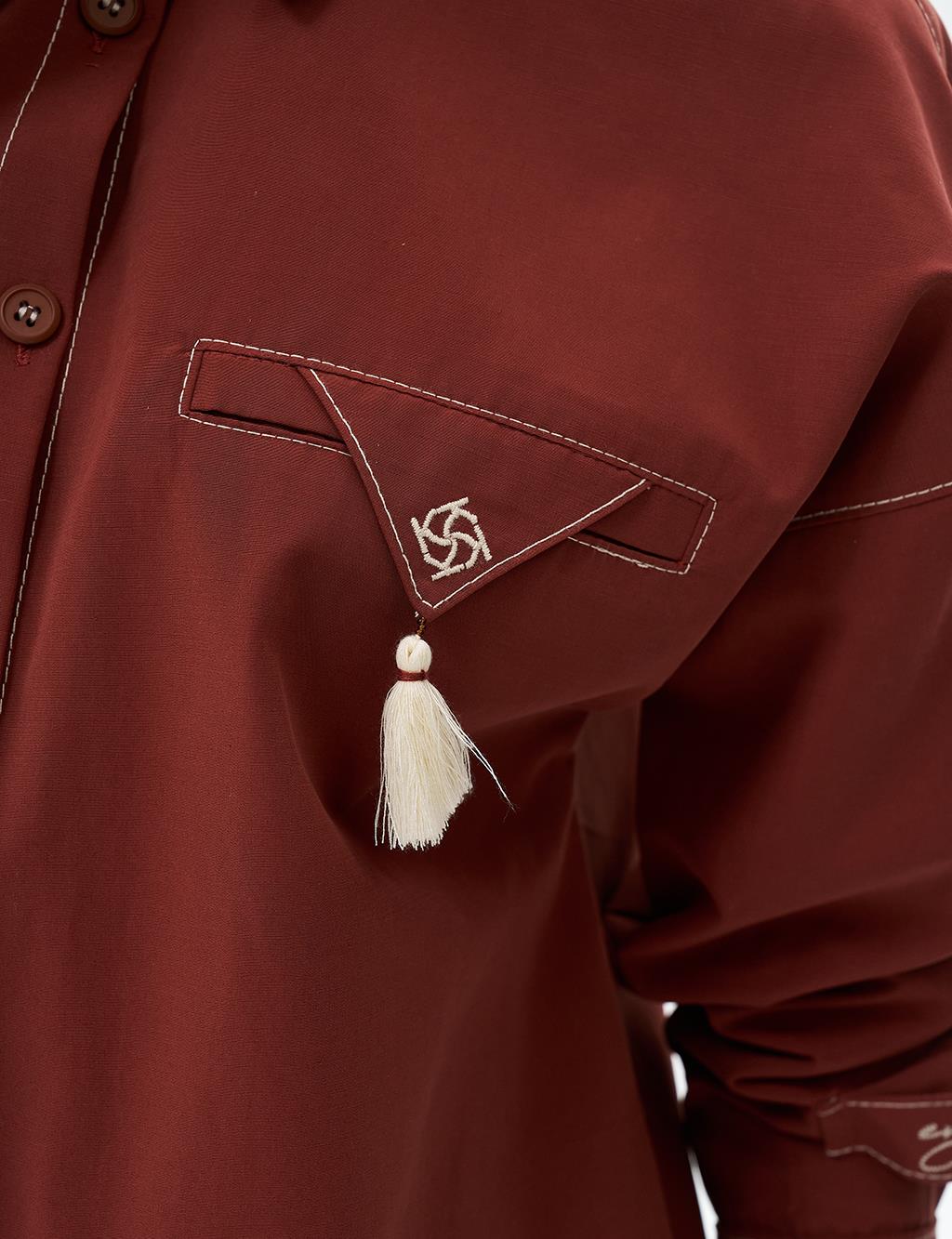 Shirt Collar Tunic with Slogan Detail on Wrists Brick Red