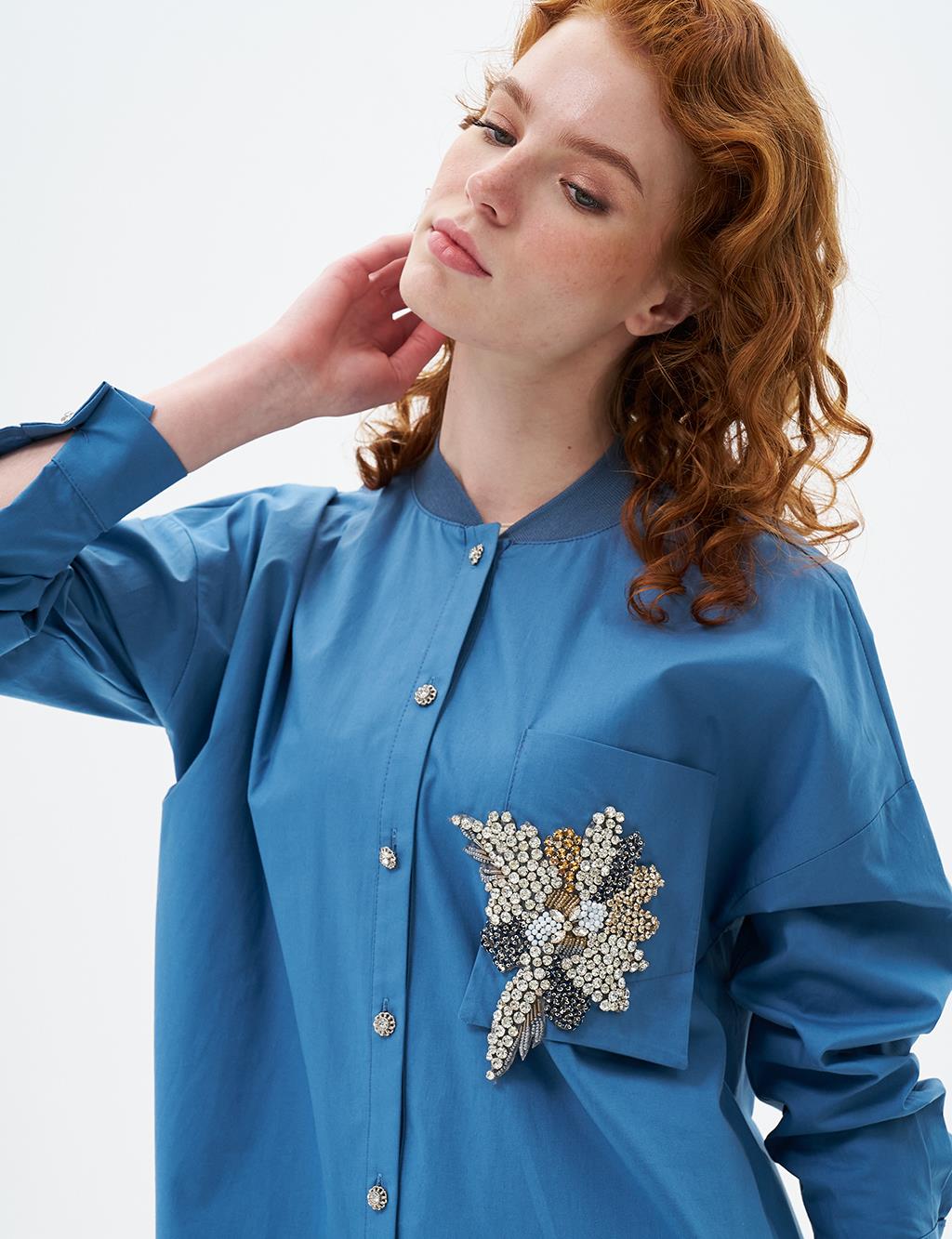 Stone Embroidered Poplin Tunic Crown Blue